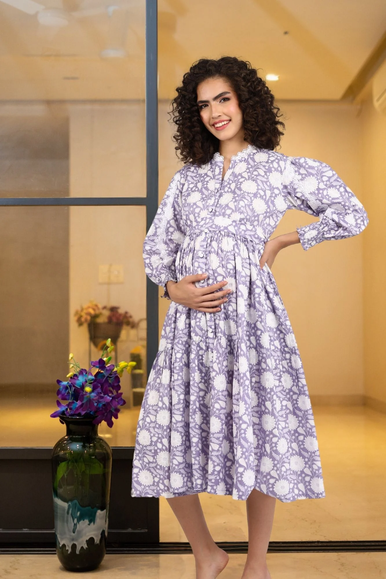 Dewberry Floral Maternity & Nursing Gathered Dress (100% Cotton) - Chenance