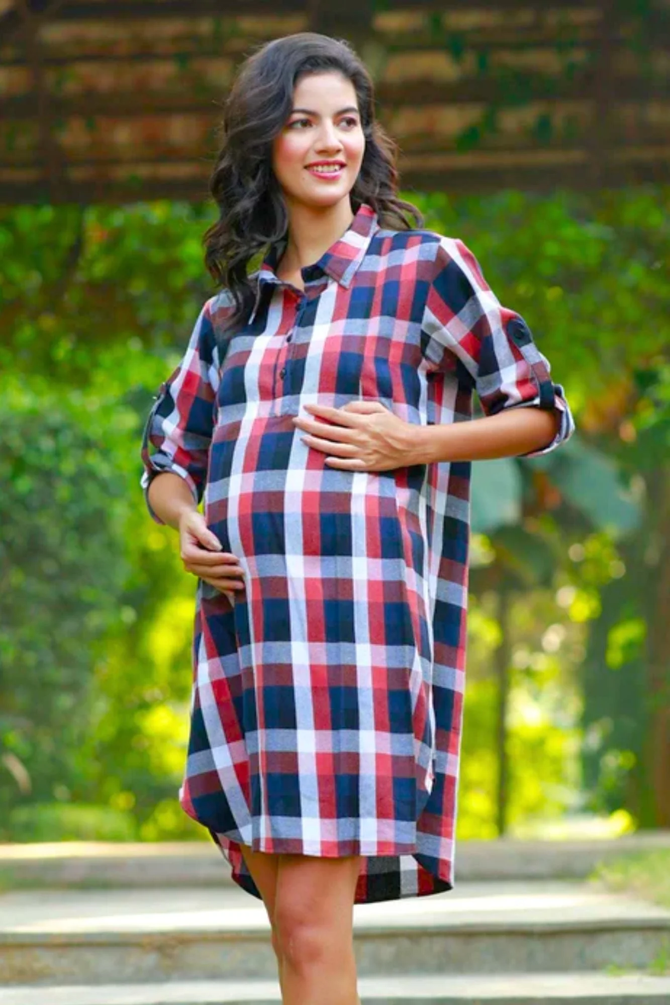Charming Red Black Checks Maternity & Nursing Shirt Dress - Chenance