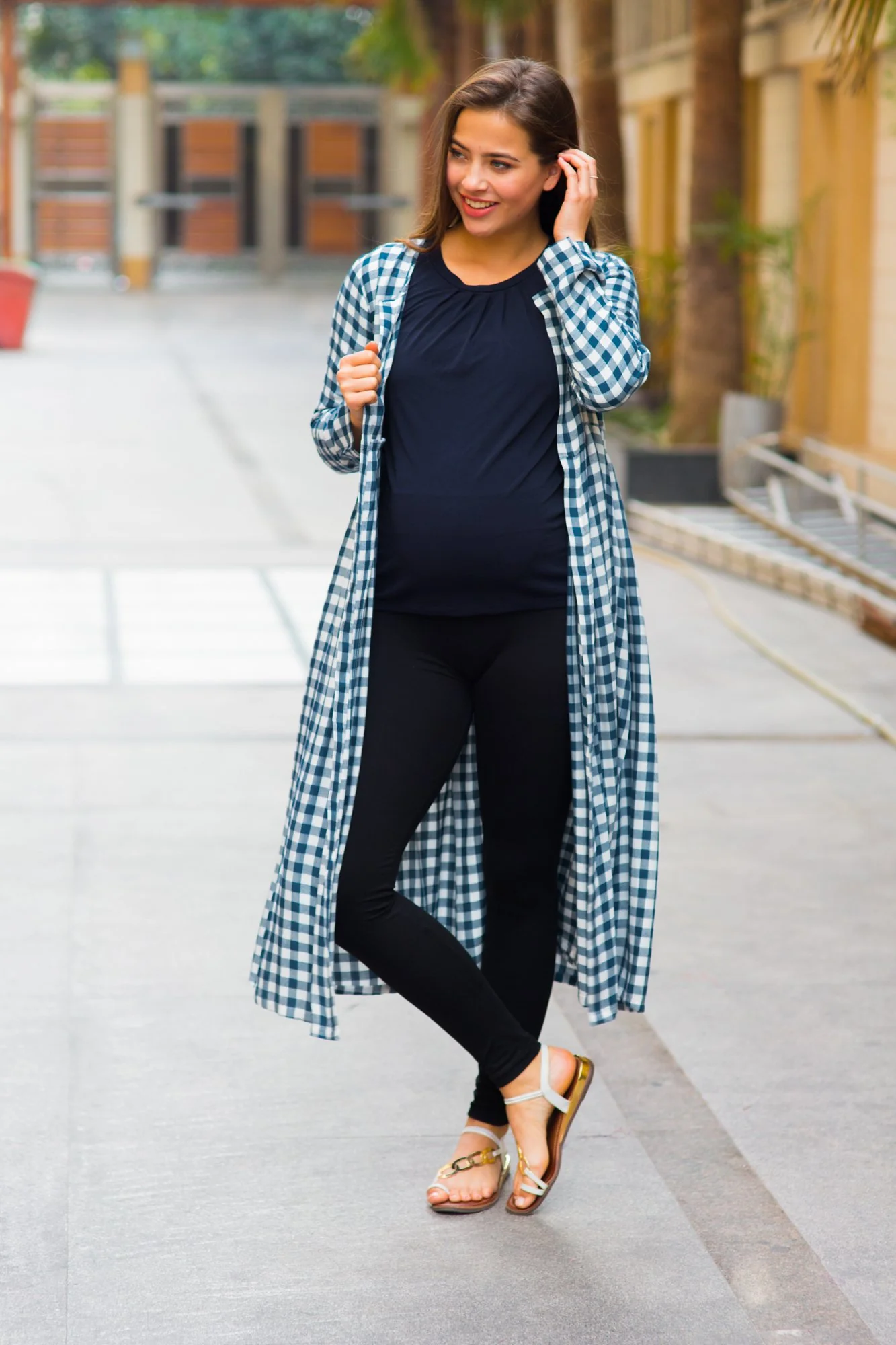 Azure Gathered Plaid Maternity Cover Up - Chenance