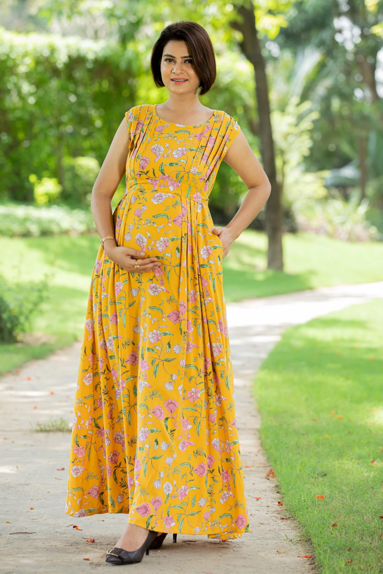 Yellow Lilly Pintucks Concealed Zips Dress - Chenance