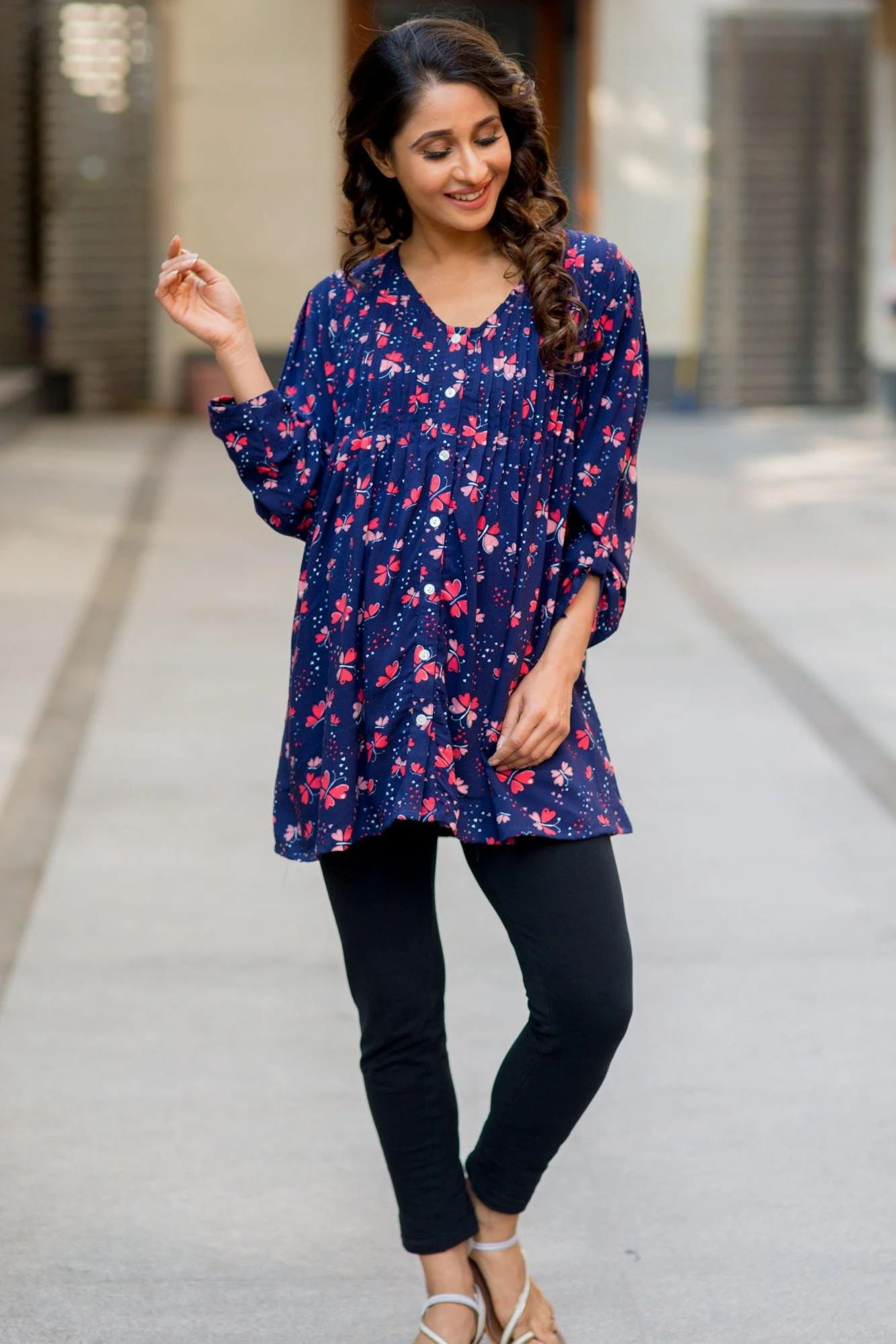 Midnight Blue Pintucks Maternity and Nursing Shirt - Chenance