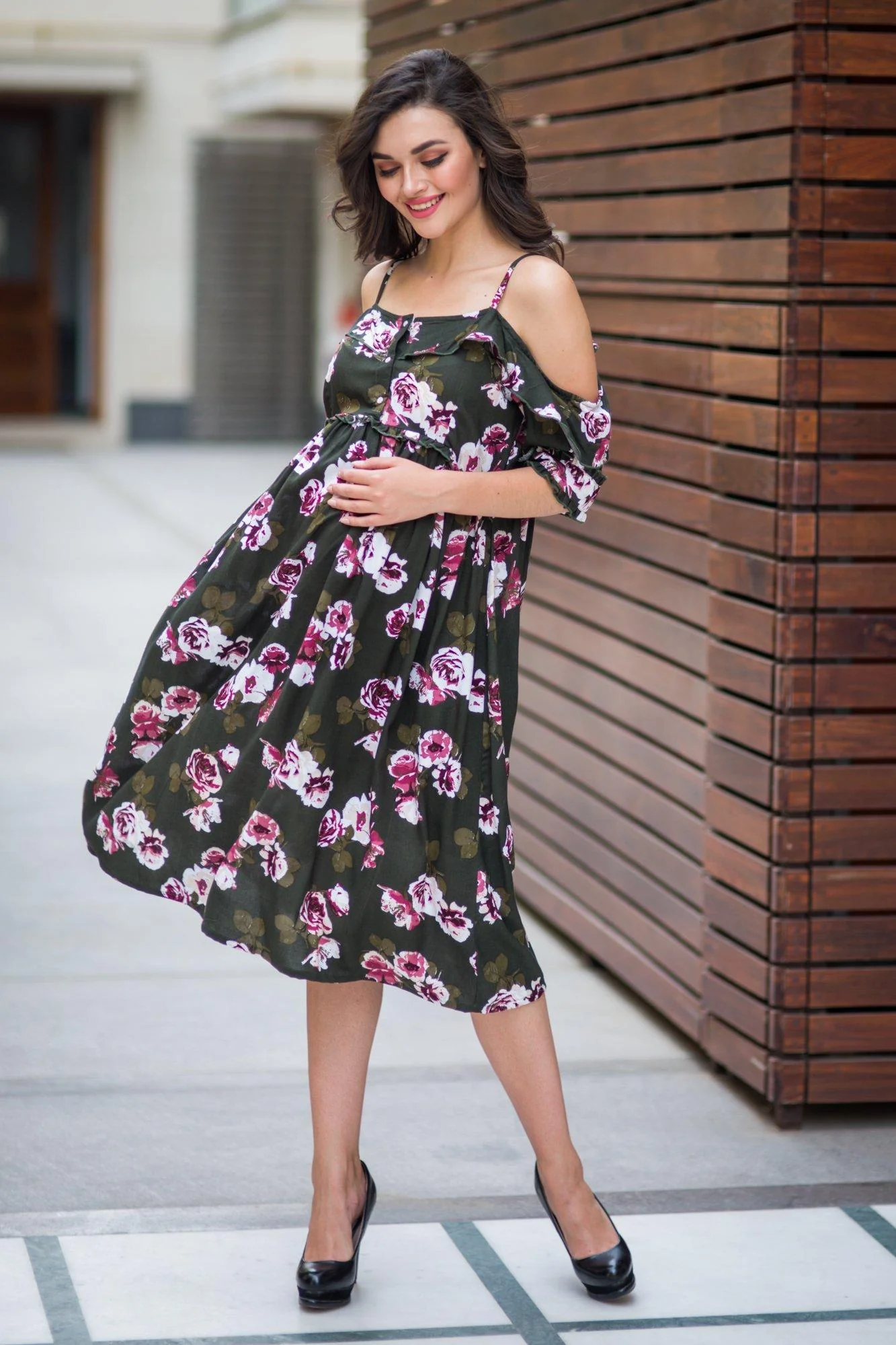Olive Floral Front Zip Maternity & Nursing Maxi - Chenance