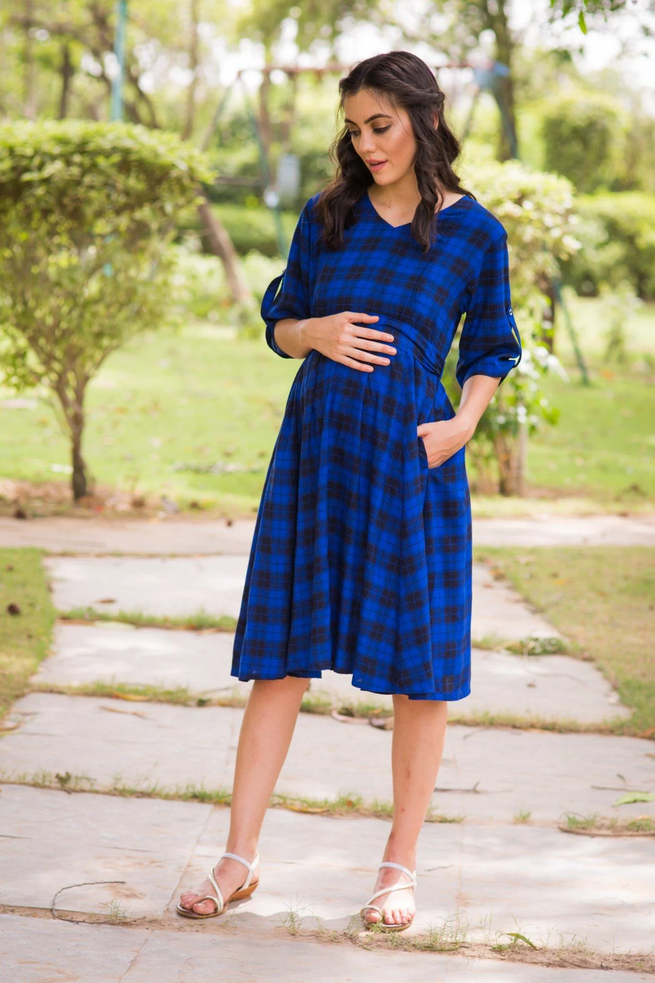 Persian Blue Plaid Maternity & Nursing Dress - Chenance
