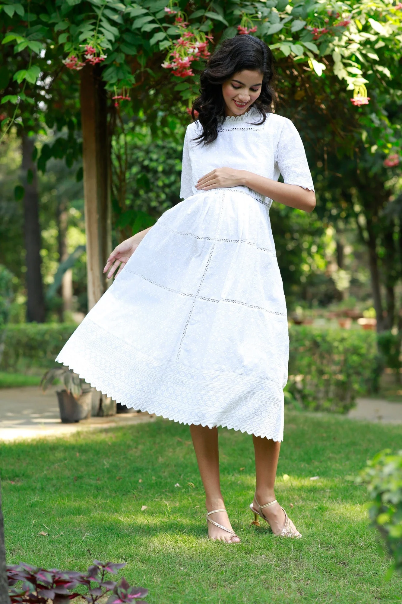 Paradise Daisy White Maternity & Nursing Dress (100% Cotton) - Chenance