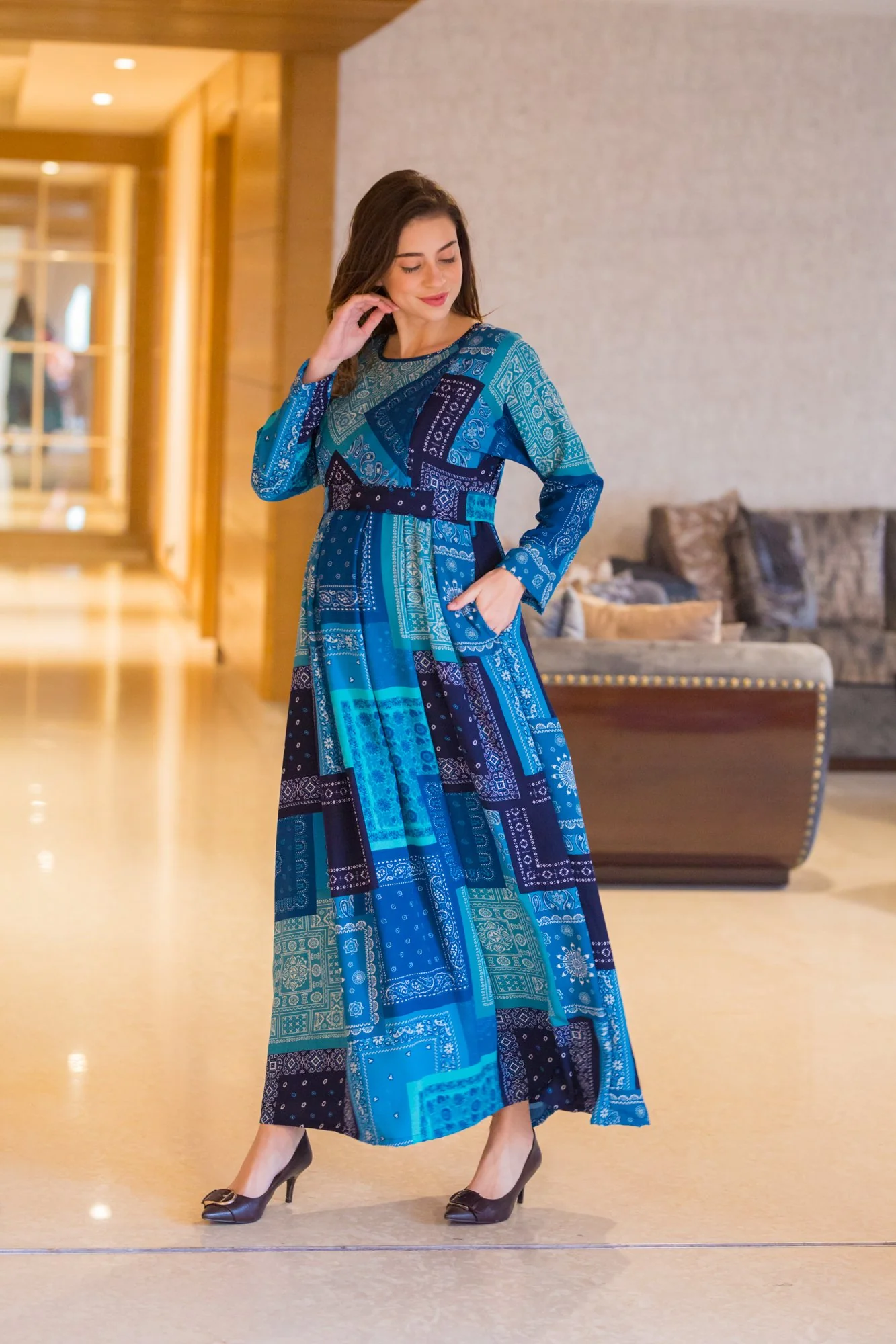 Indigo Pattern Maternity & Nursing Dress - Chenance