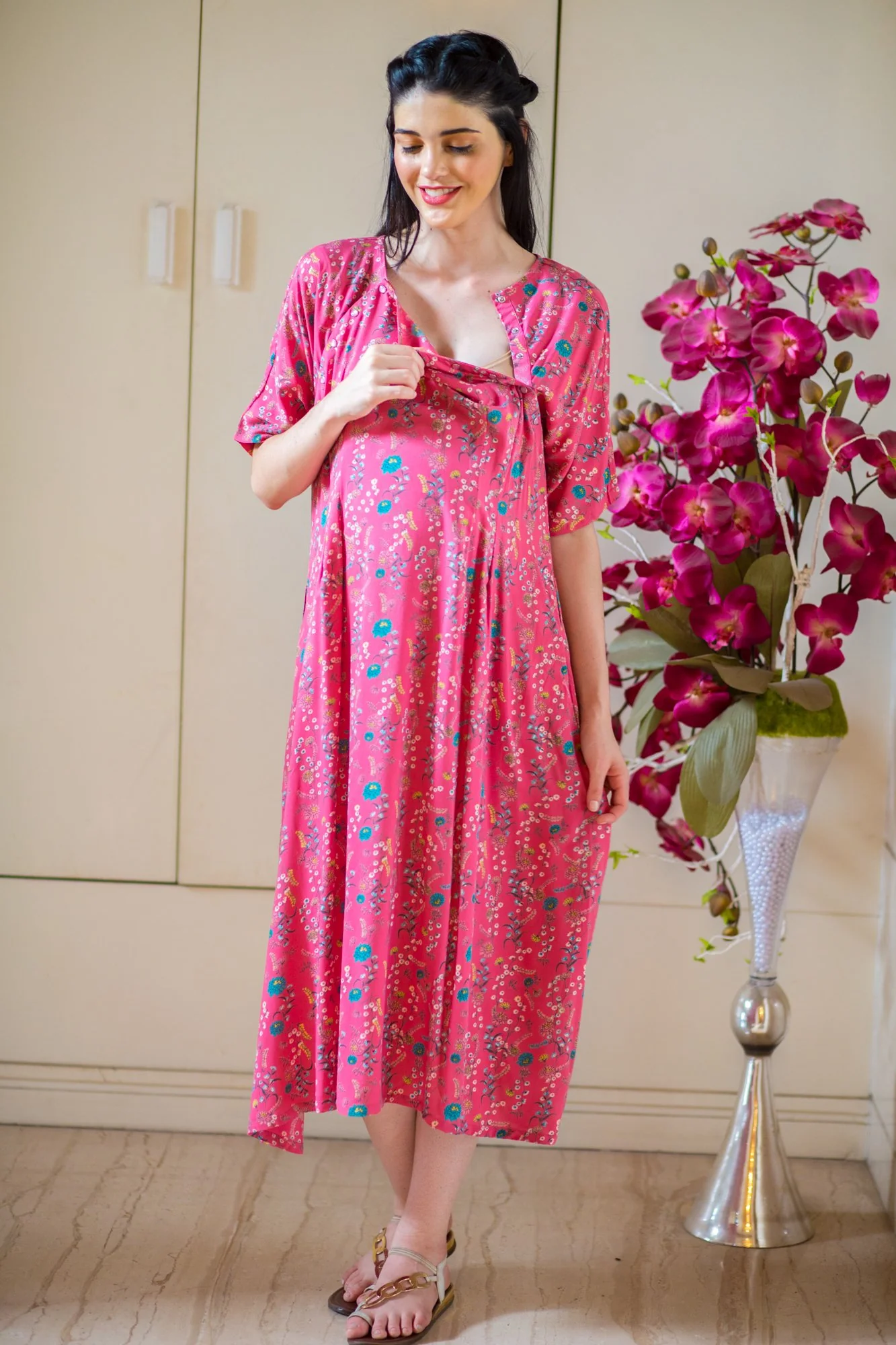 Pretty In Peach Shoulder Snap Maternity & Nursing Dress / Delivery Gown/ Night Dress + Swaddle - Chenance