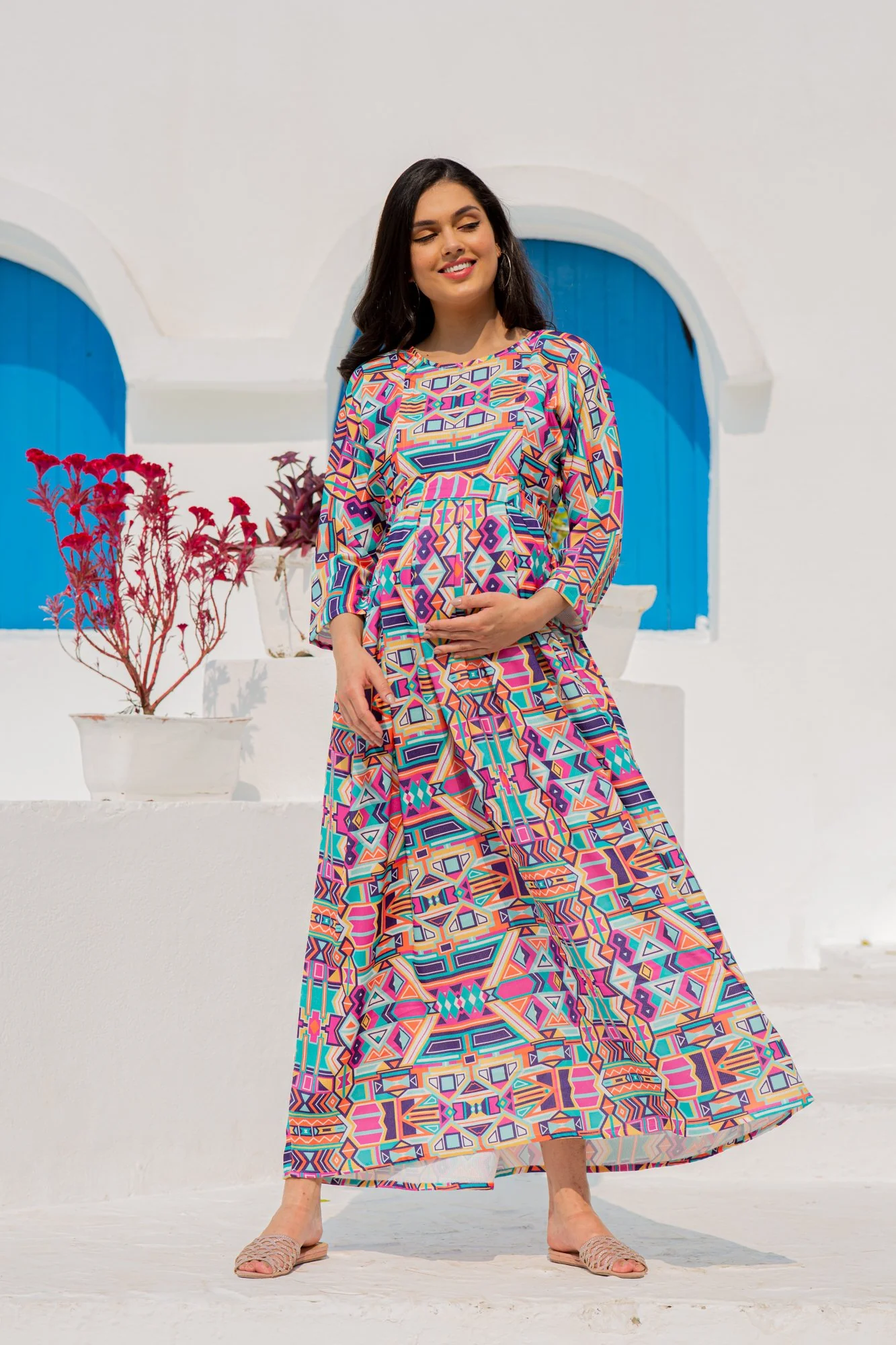 Premium Paradise Vibrant Abstract Concealed Zip Maternity & Nursing Dress - Chenance