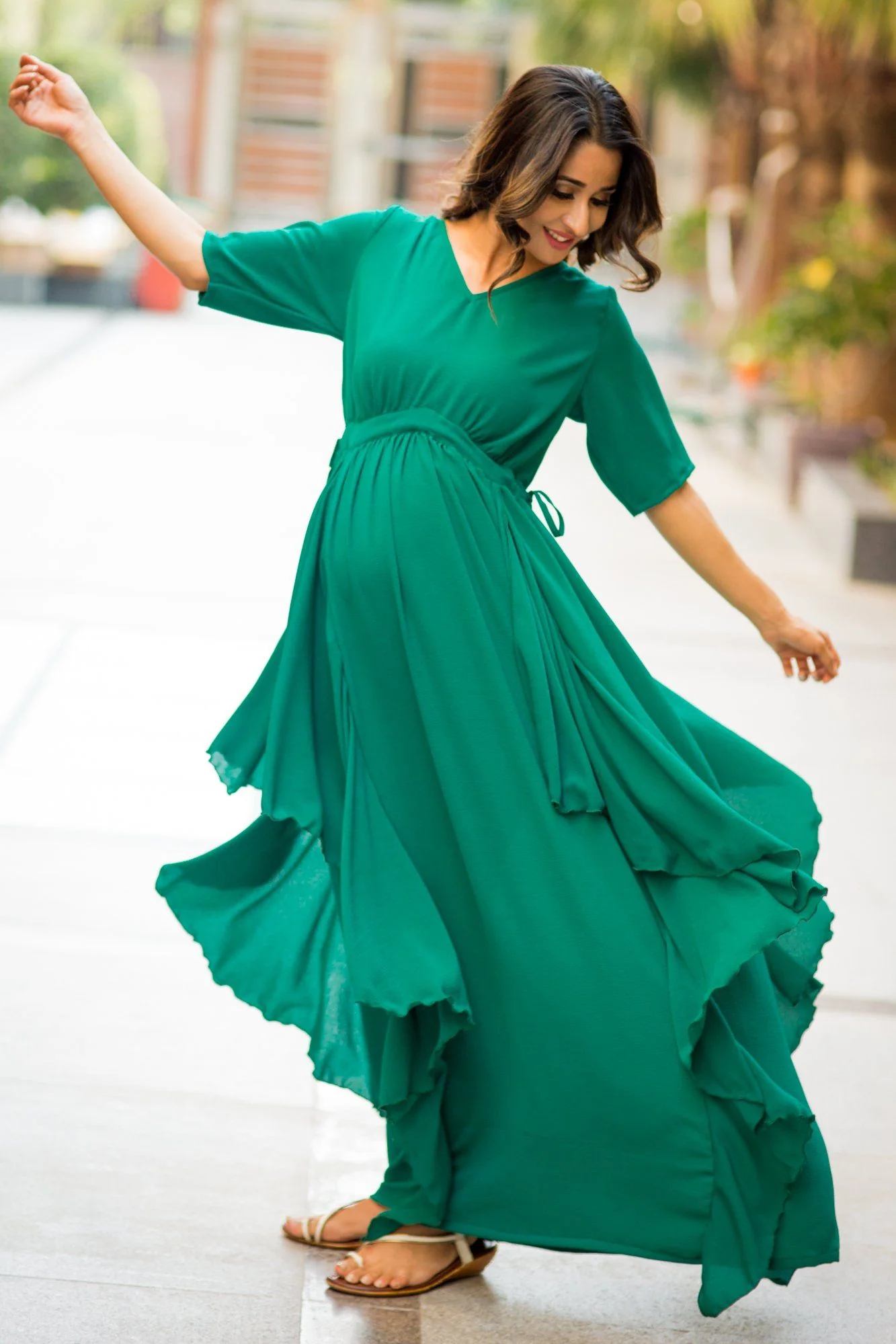 Luxe Forest Green Bubble Georgette Maternity Dress - Chenance