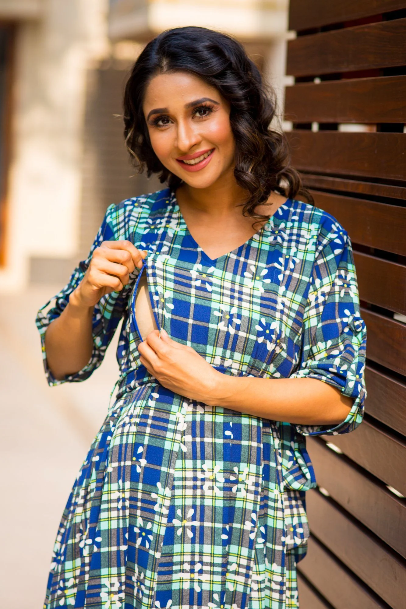 Mint Blossom Check Concealed Zips Maternity & Nursing Maxi Dress - Chenance