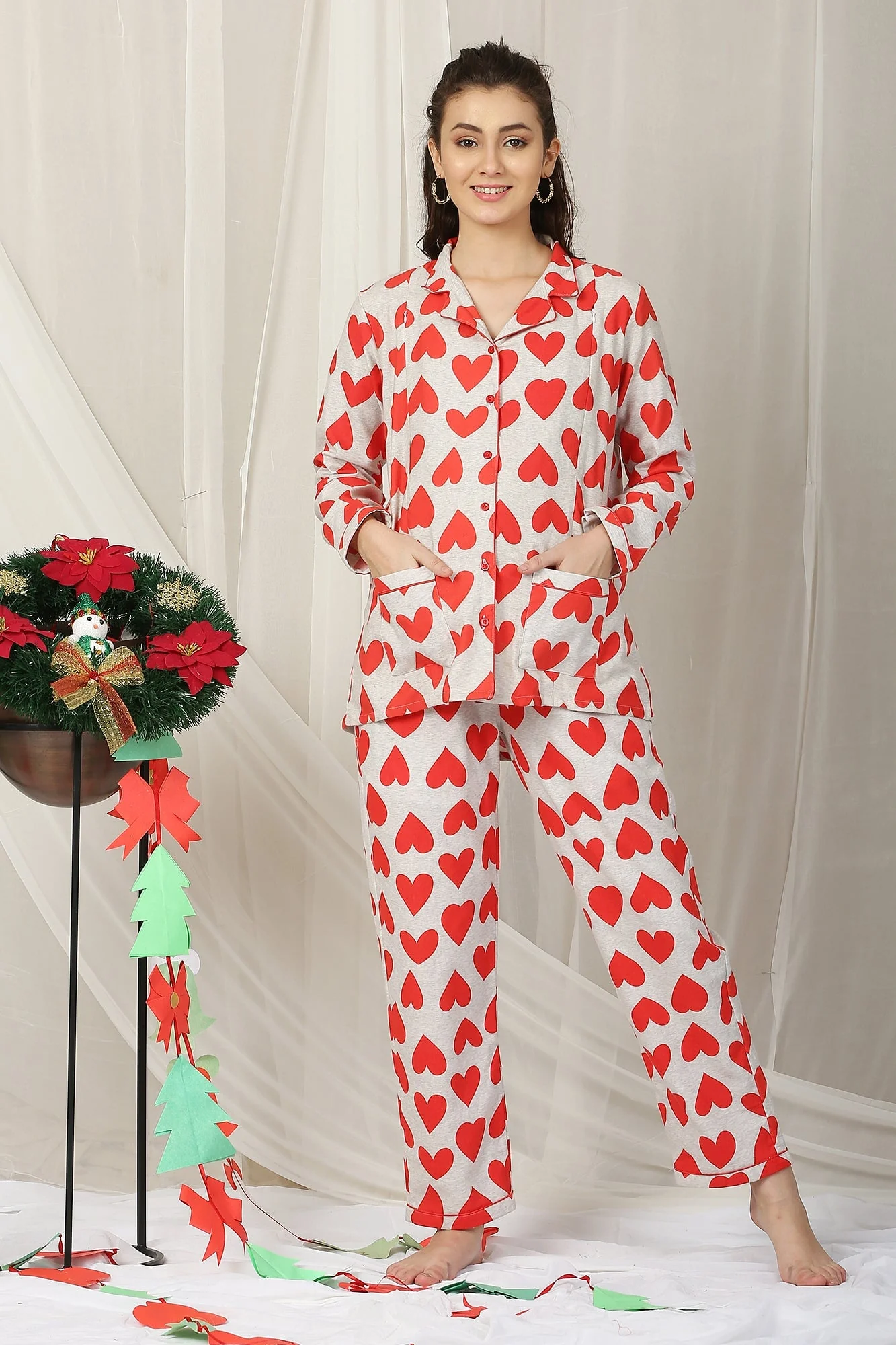 Lovable Poppy Red Maternity & Nursing Night Suit Set (Set Of 2) - Chenance