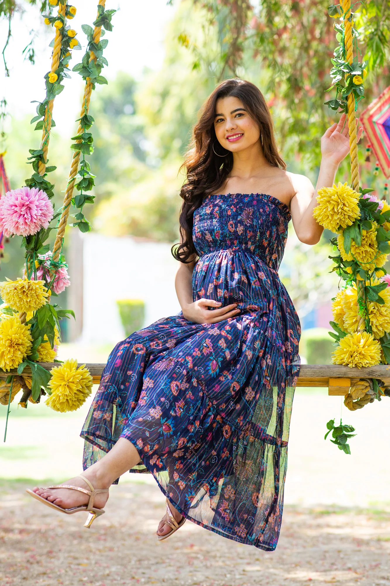 Midnight Chiffon Floral Maternity Off-Shoulder Frill Dress - Chenance