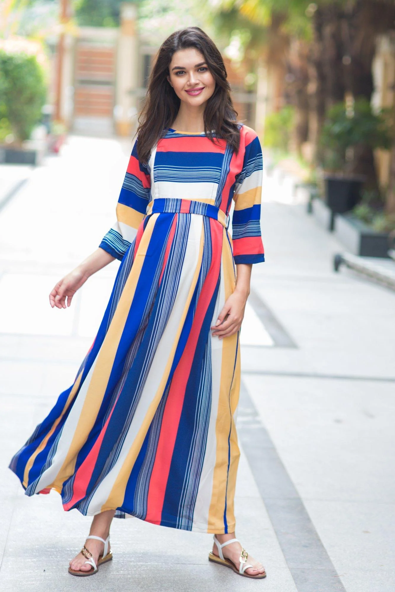 Rainbow Stripe Crepe Maternity & Nursing Maxi - Chenance