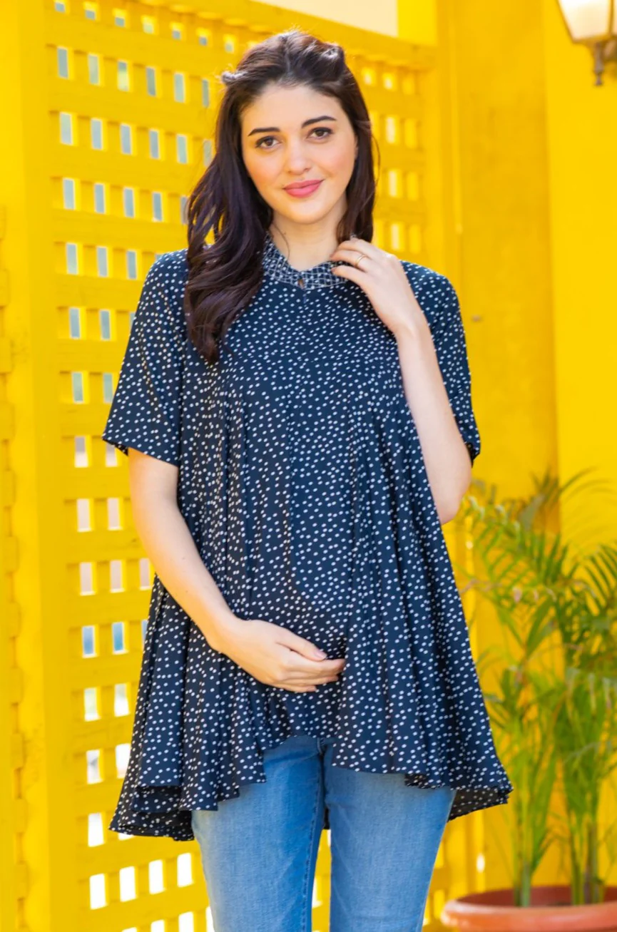 Blue Polka Maternity & Nursing Flair Top - Chenance