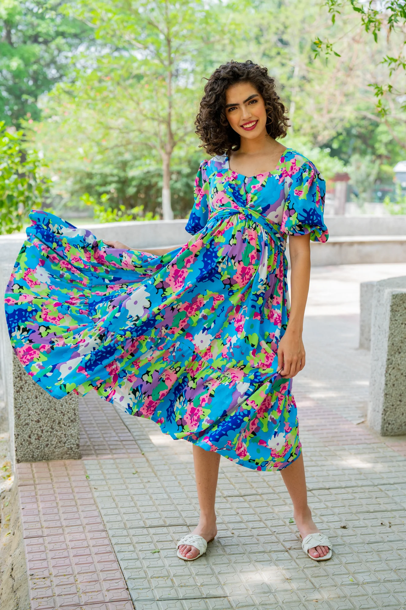 Charming Blue Blossom Maternity Knot Dress - Chenance