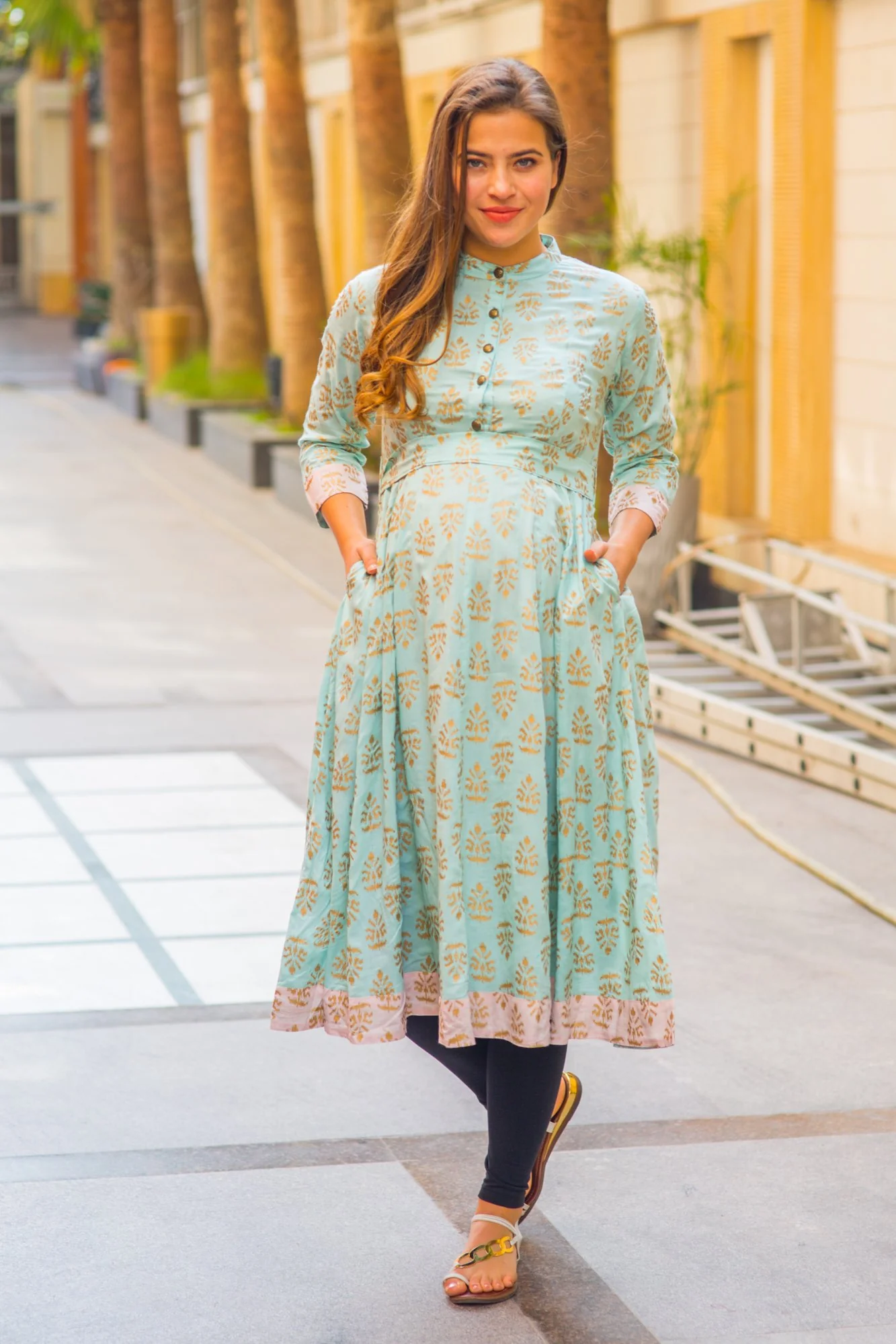 Mint Blue Gold Block Print Silk Maternity & Nursing Kurta - Chenance