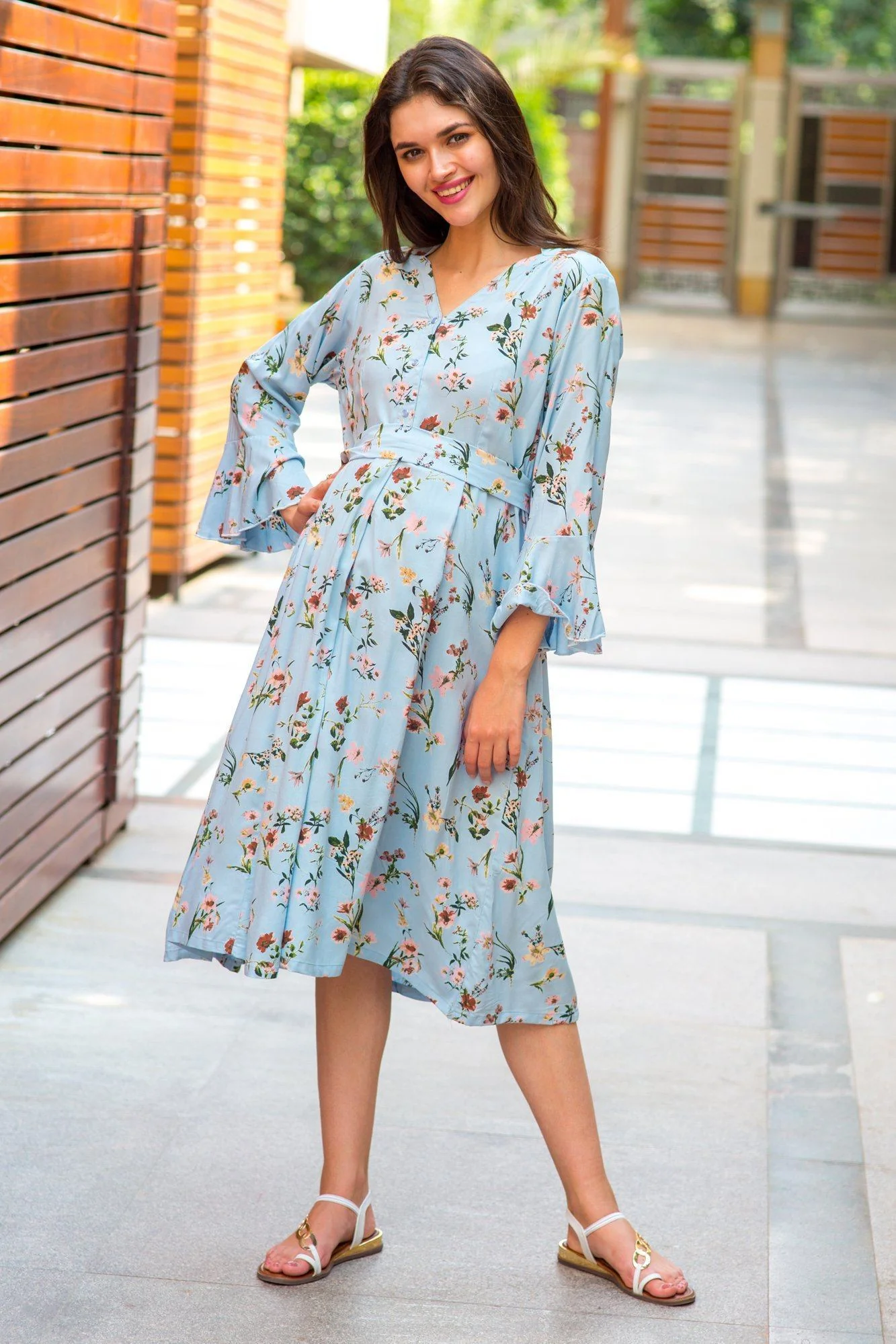 Pastel Blue Front Button Maternity & Nursing Dress - Chenance