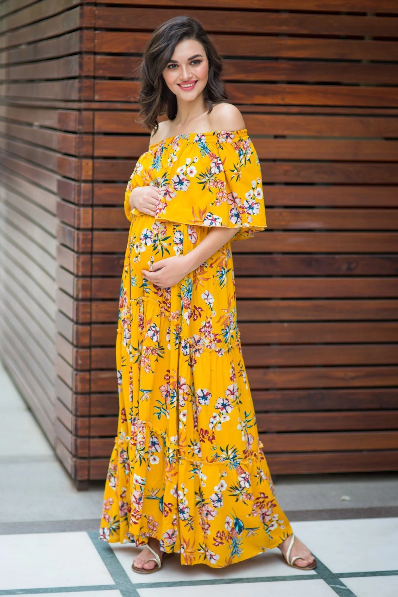 Daffodil Yellow Off-Shoulder Maternity Maxi Dress - Chenance