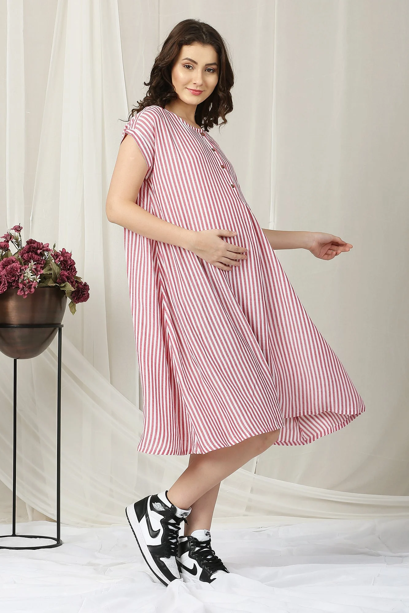 Breezy Red Striped Maternity & Nursing Dress - Chenance