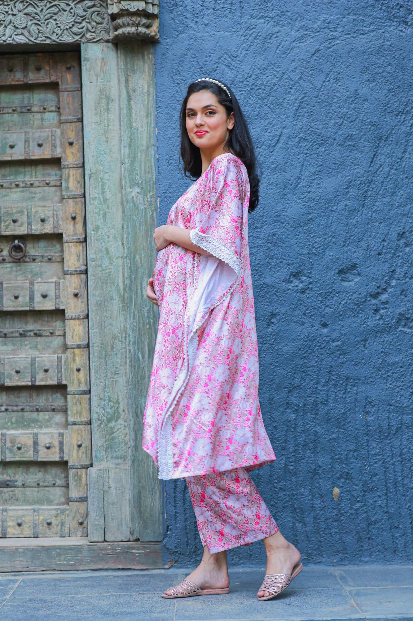 Premium Serene Rose Pink Satin Maternity & Nursing Lounge Coord Set (2 pc) - Chenance