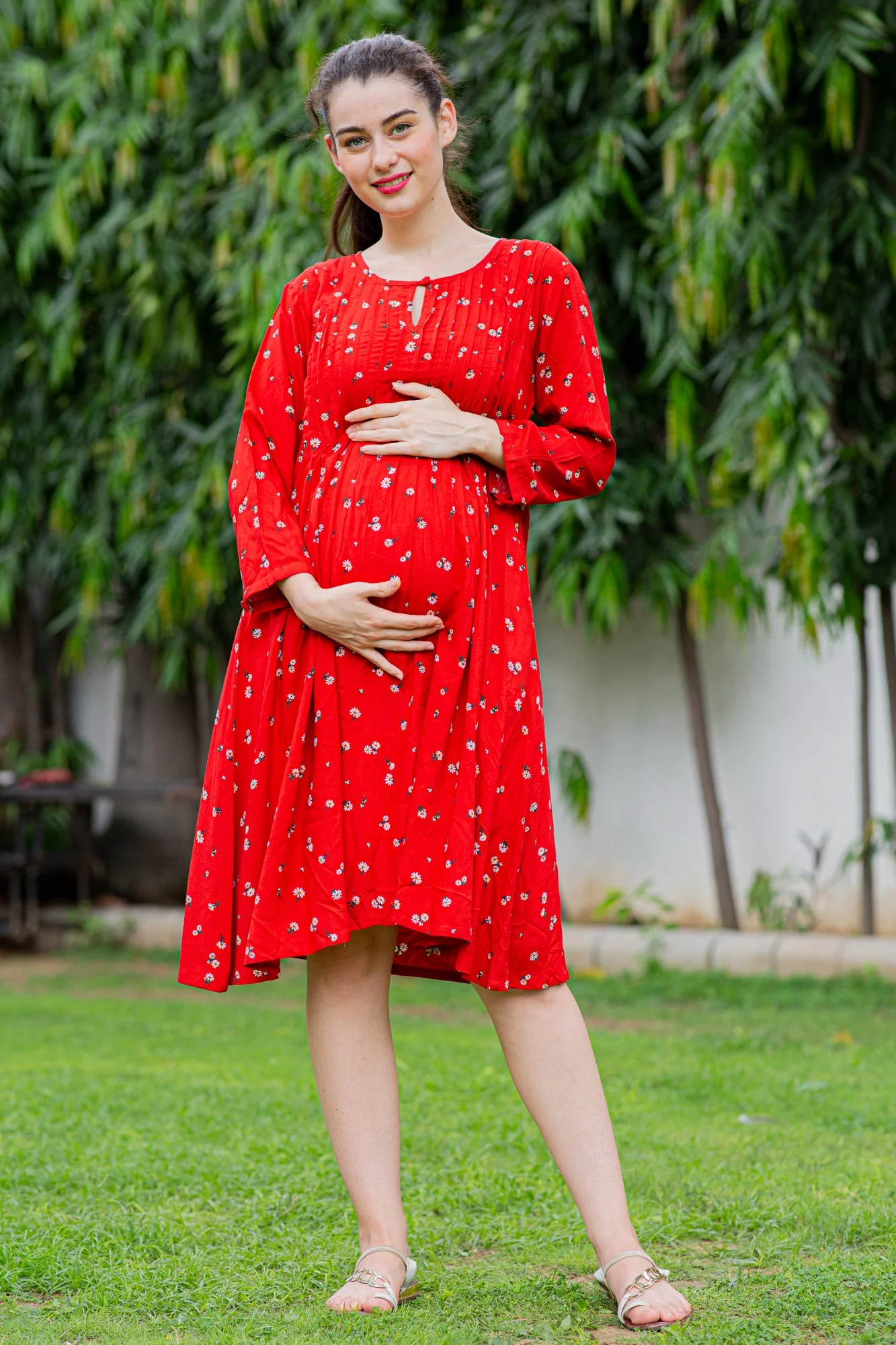 Crimson Red Maternity & Nursing Pintucks Dress - Chenance