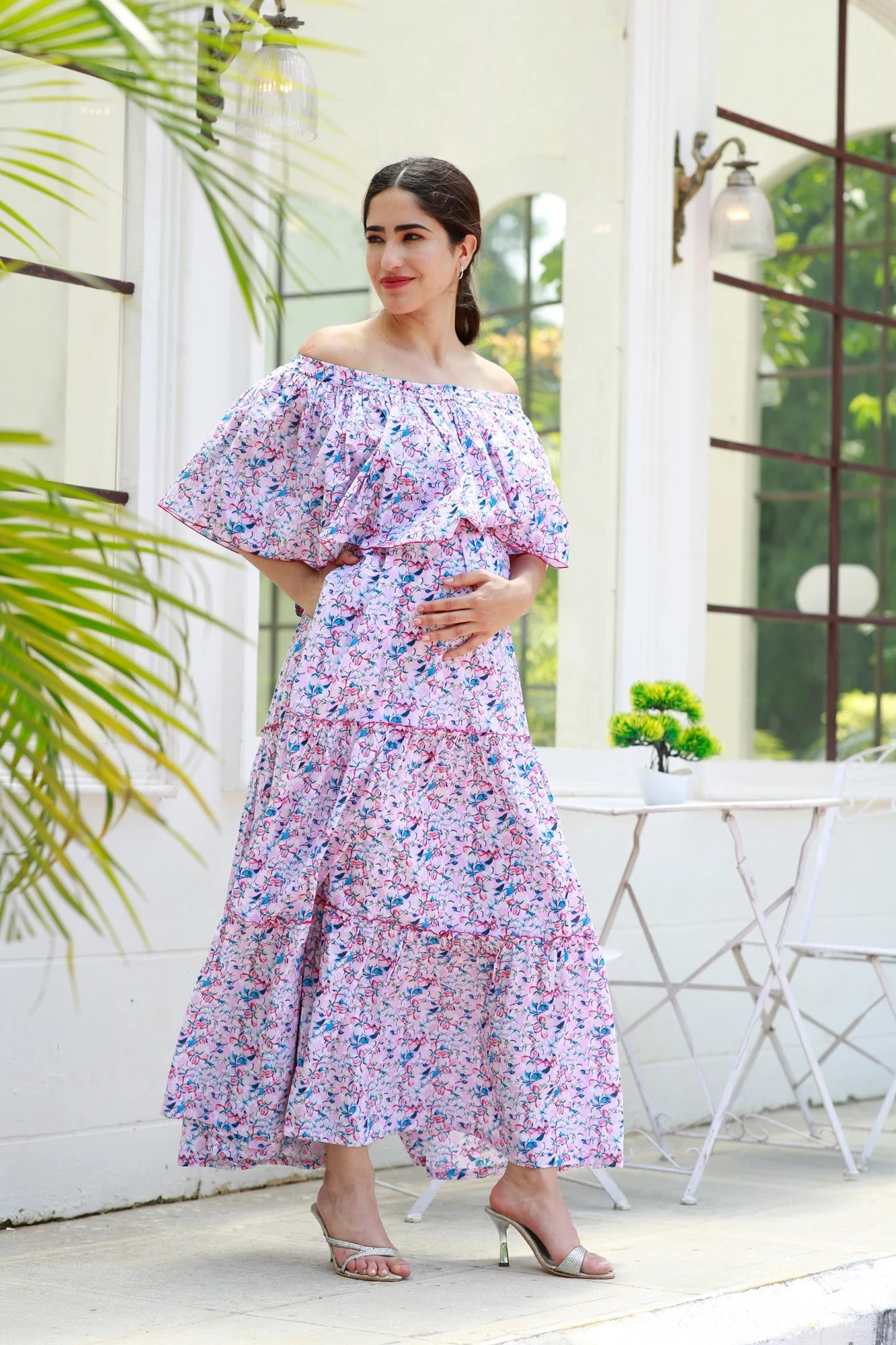 Blossom Pink Off-Shoulder Maternity Maxi Dress - Chenance
