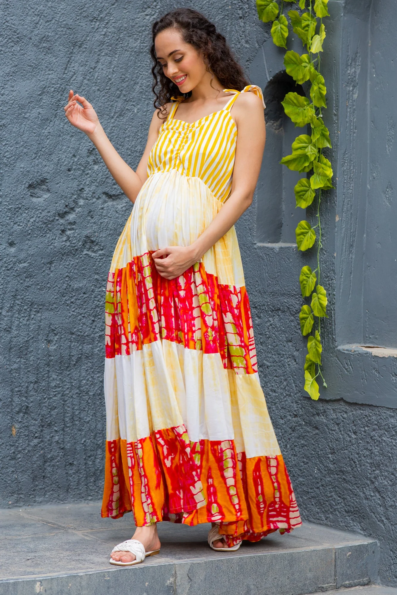 Serene Yellow Tie & Dye Flowy Maternity & Nursing Dress - Chenance