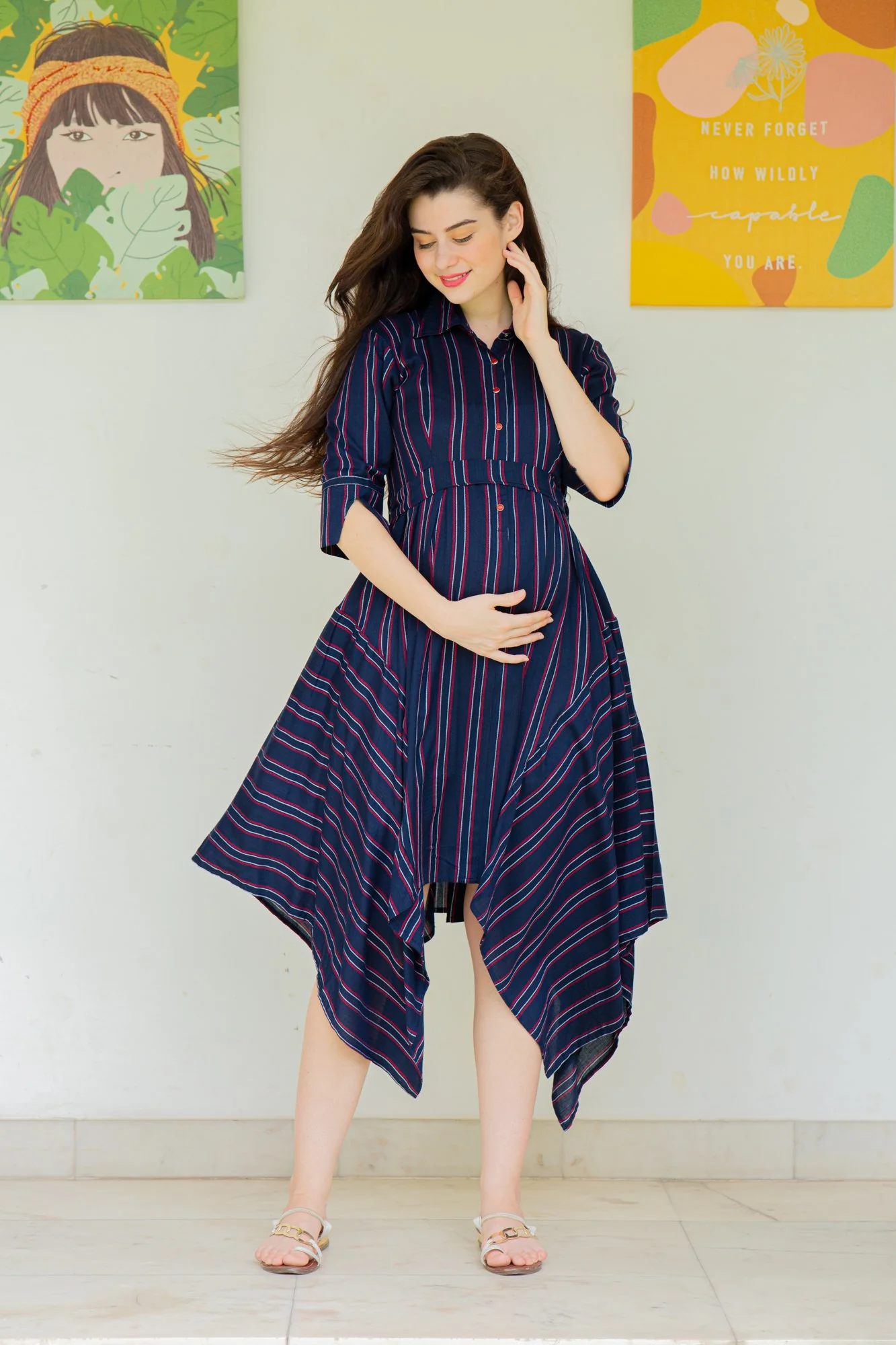 Asymmetrical Stripes Maternity & Nursing Dress - Chenance