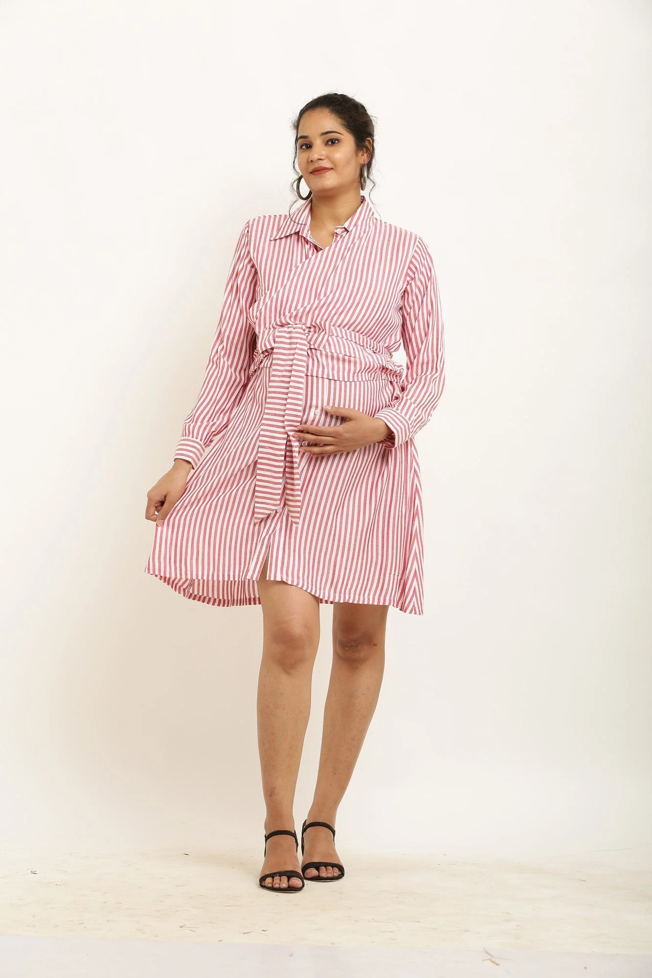 Poppy Red Striped Maternity & Nursing Wrap Shirt Dress - Chenance