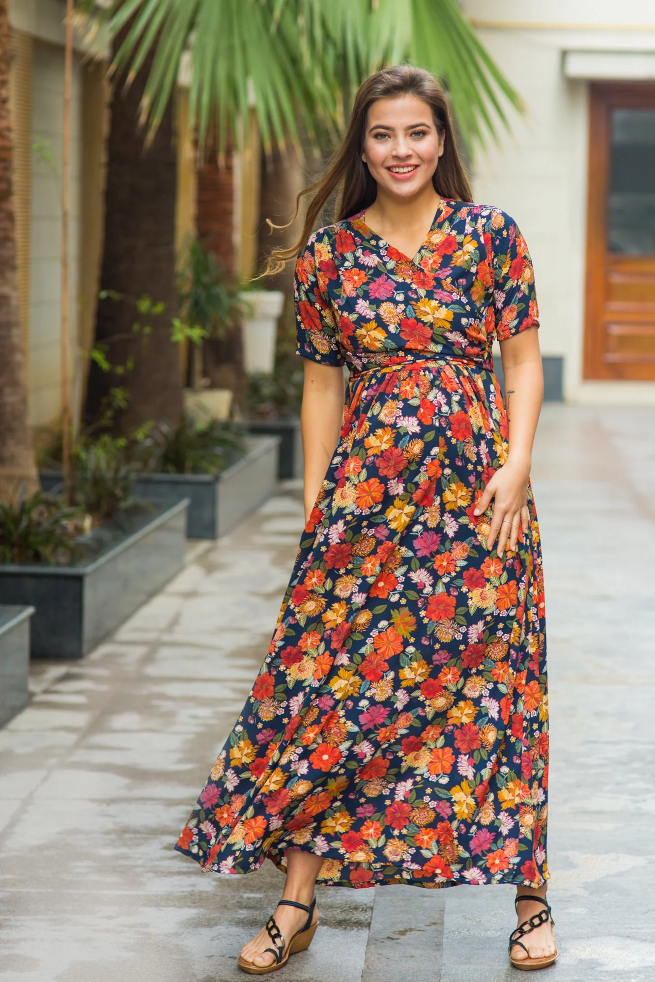 Vivacious Blue Floral Maternity & Nursing Wrap Dress - Chenance