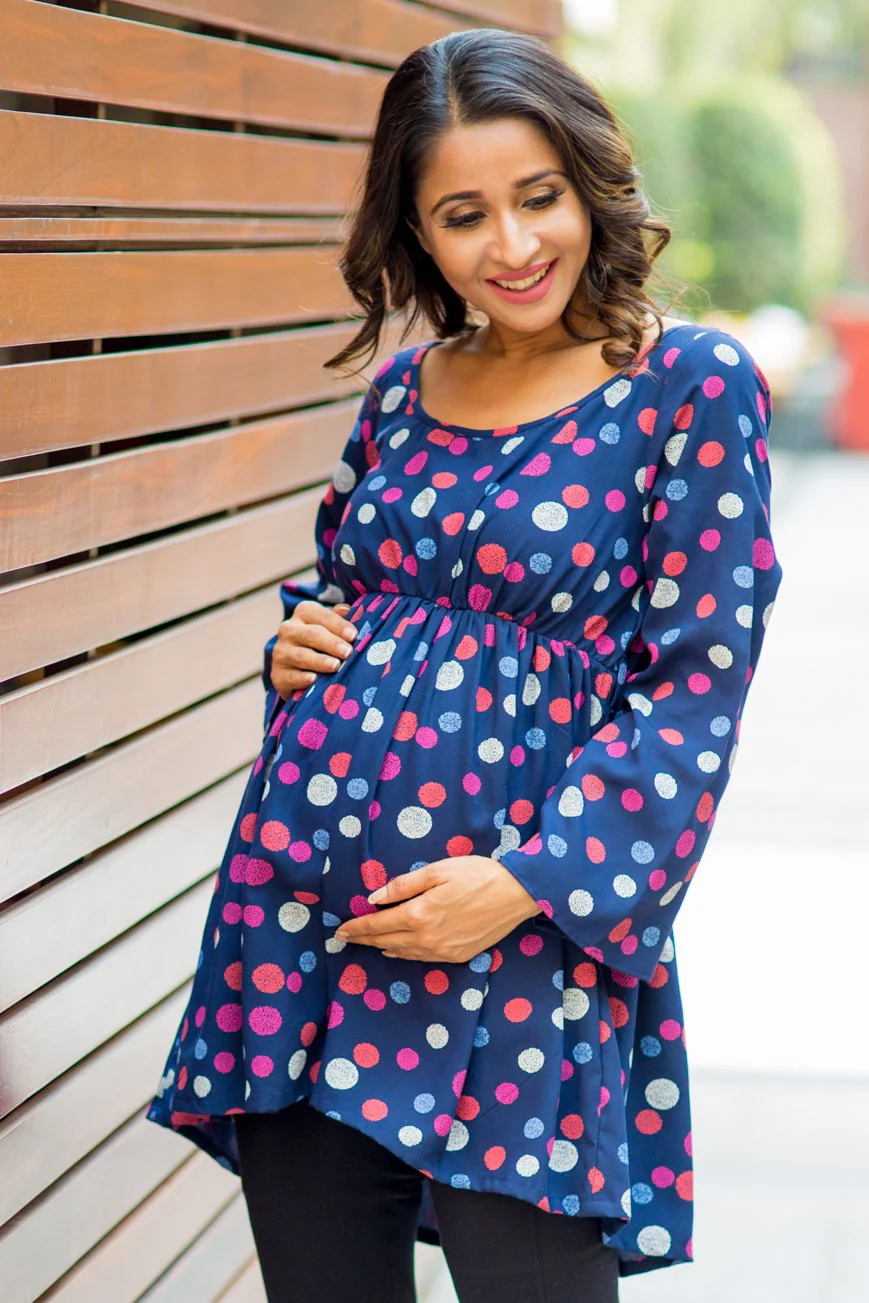 Chic Multicolor Polka Dot Gathered Maternity Top - Chenance