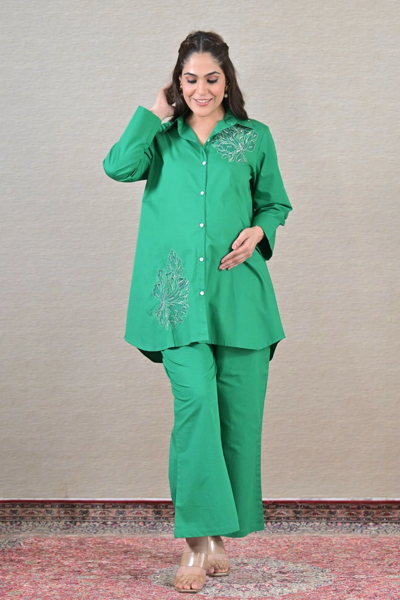 Appliqu  d Forest Maternity & Nursing Shirt Coord Set (2 pc) (100% Cotton) - Chenance
