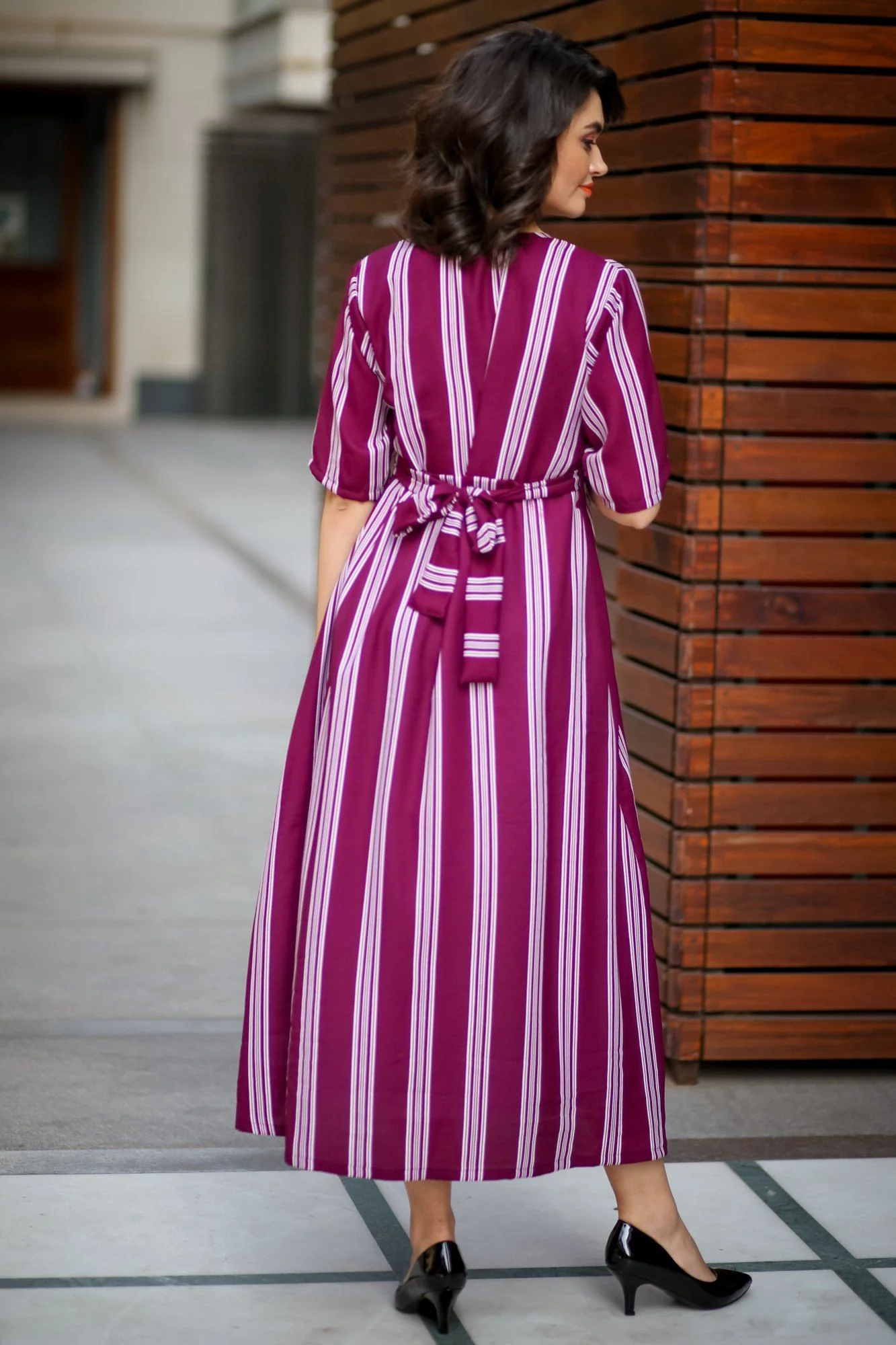 Plush Violet Striped Maternity & Nursing Dress - Chenance