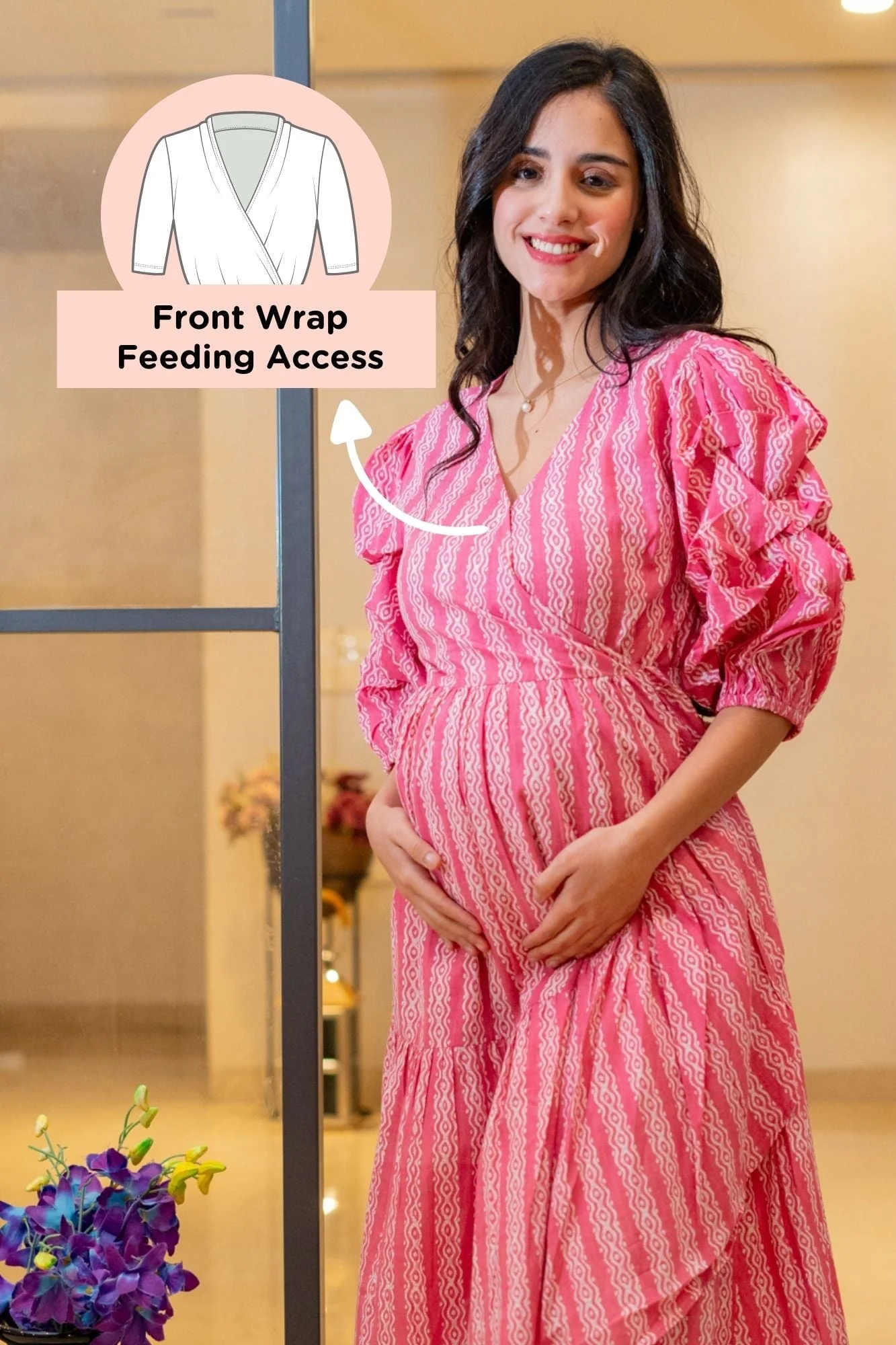 Charming Candy Floss Maternity & Nursing Frill Wrap Dress (100% Cotton) - Chenance
