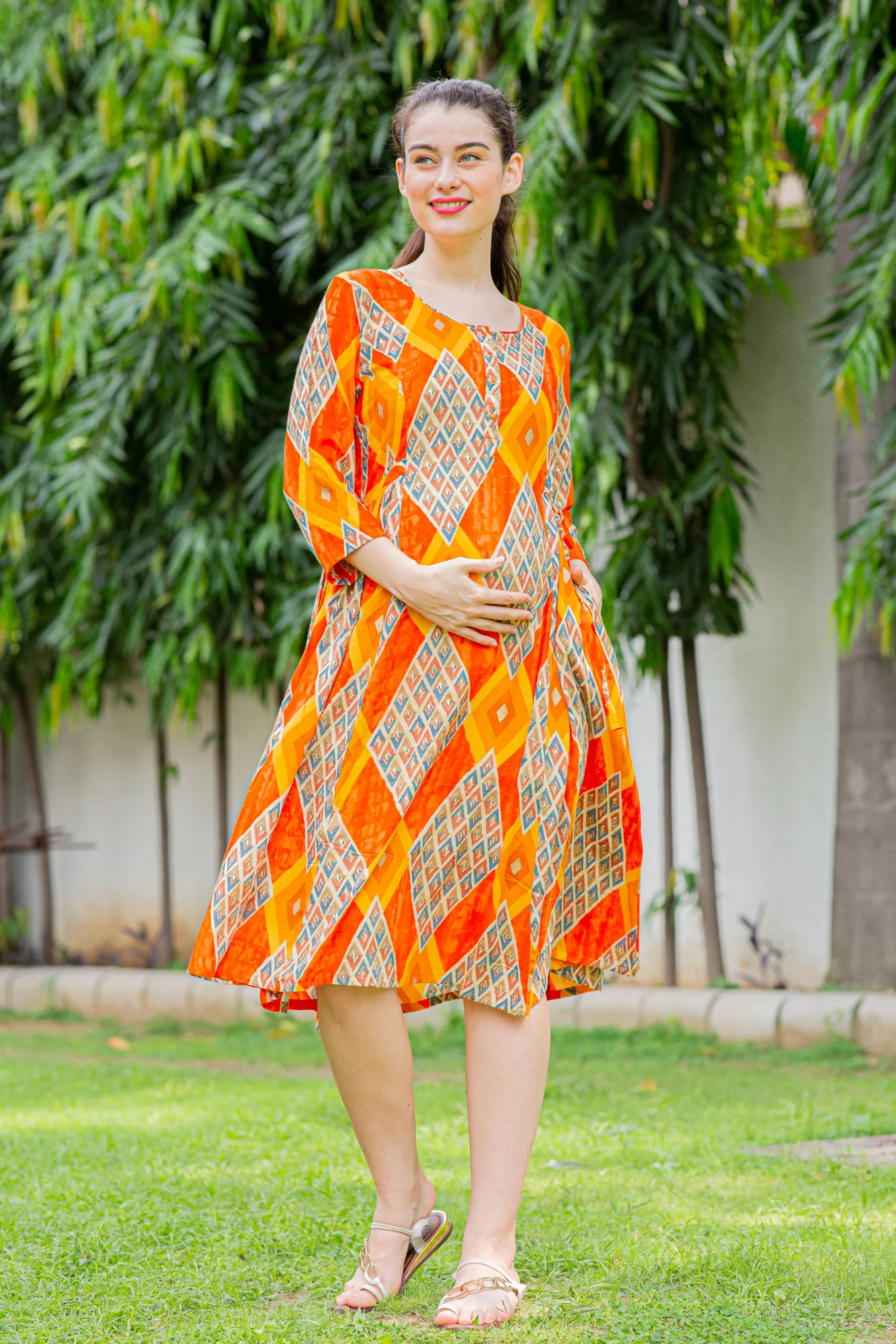 Cinnamon Patterned Maternity & Nursing Kurta Dress - Chenance