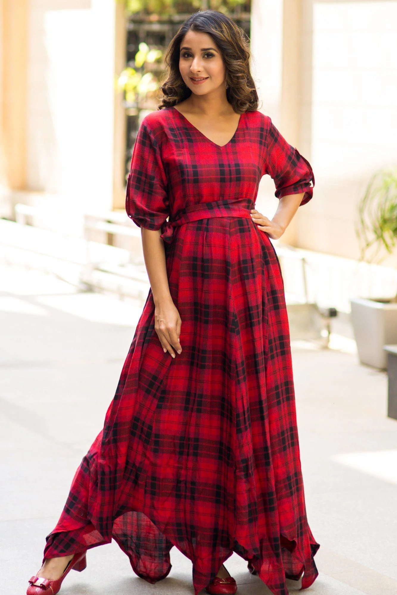 Classic Red Plaid Maternity & Nursing Maxi Dress - Chenance