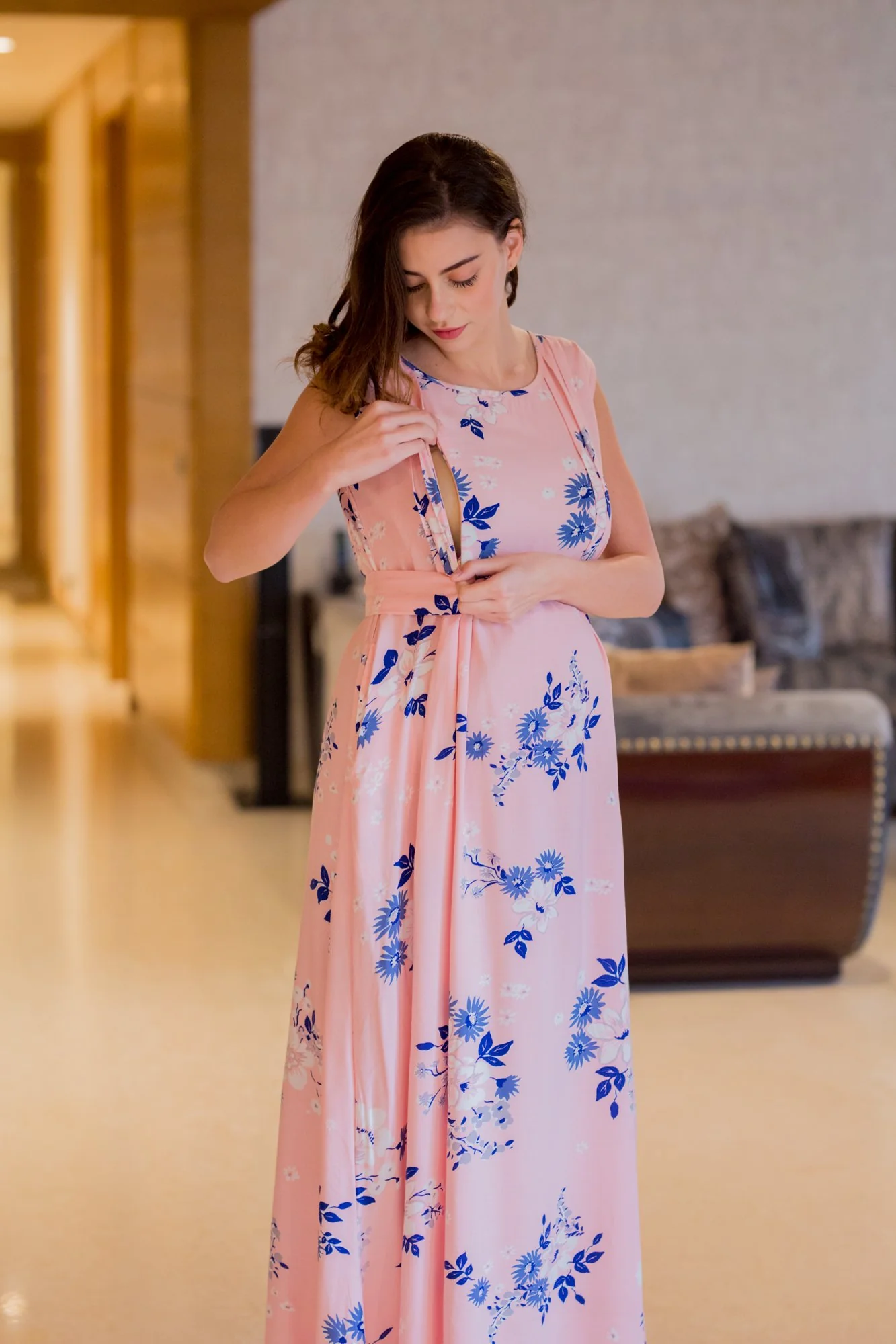 Pastel Pink Side Slits Maternity & Nursing Dress - Chenance