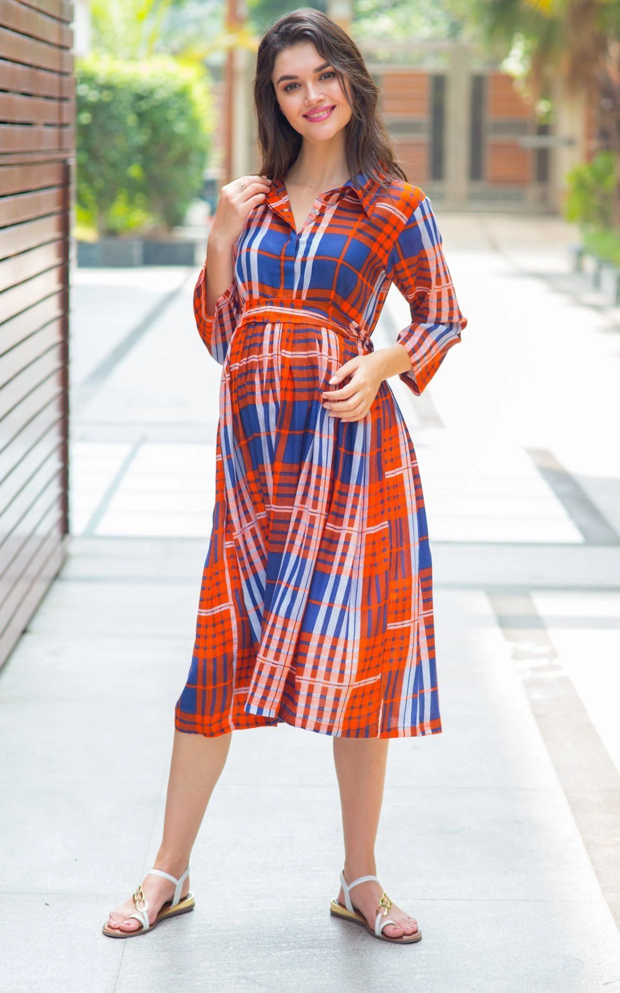 Amber Check Maternity & Nursing Dress - Chenance