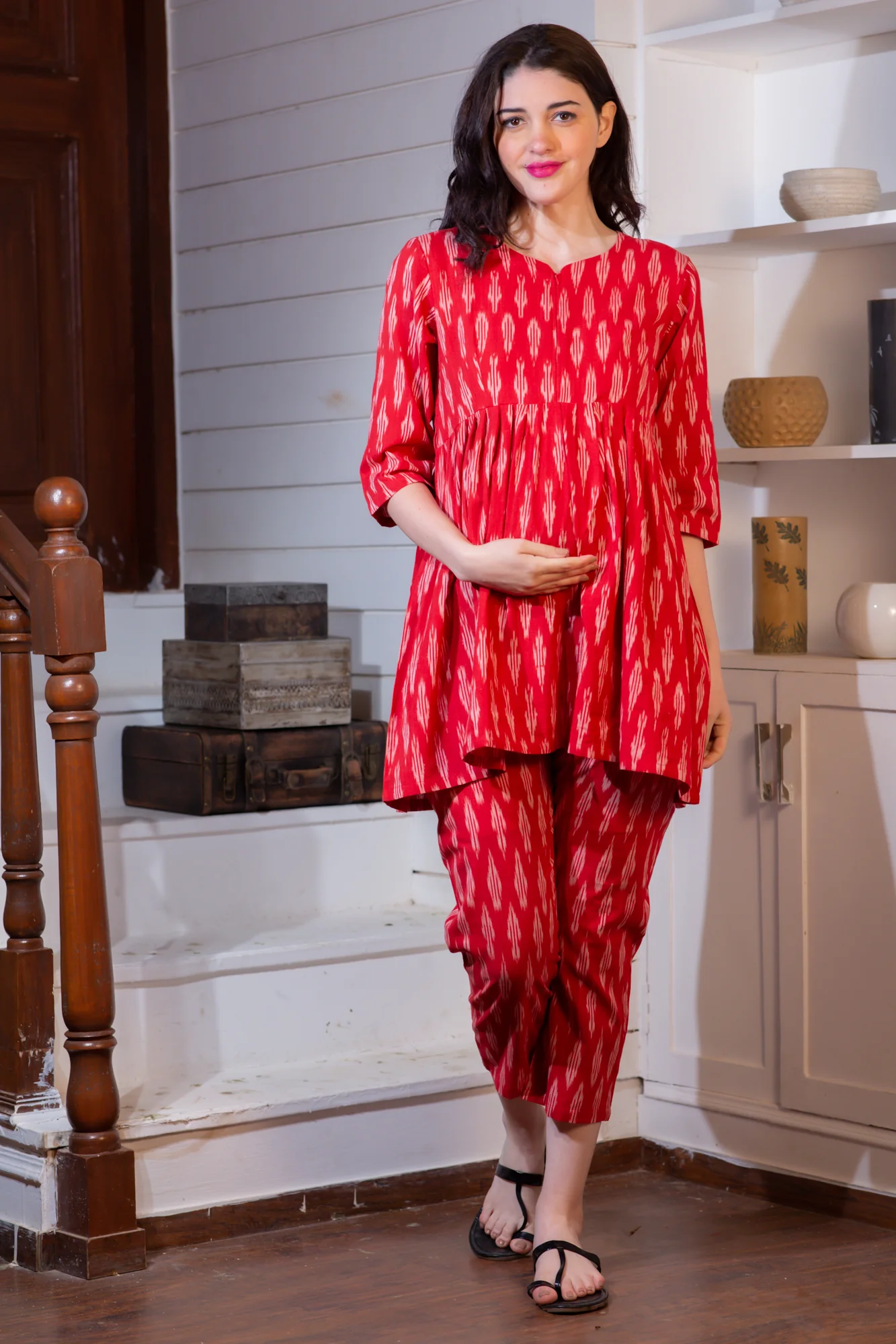 Daisy Red Maternity & Nursing Night Suit Set - Chenance