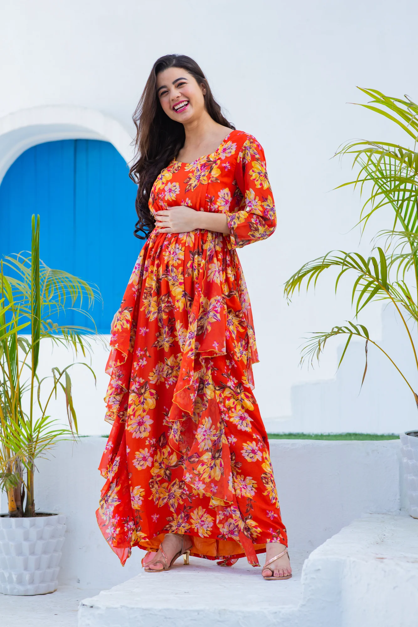 Luxe Crimson Bloom Maternity & Nursing Flow Dress - Chenance