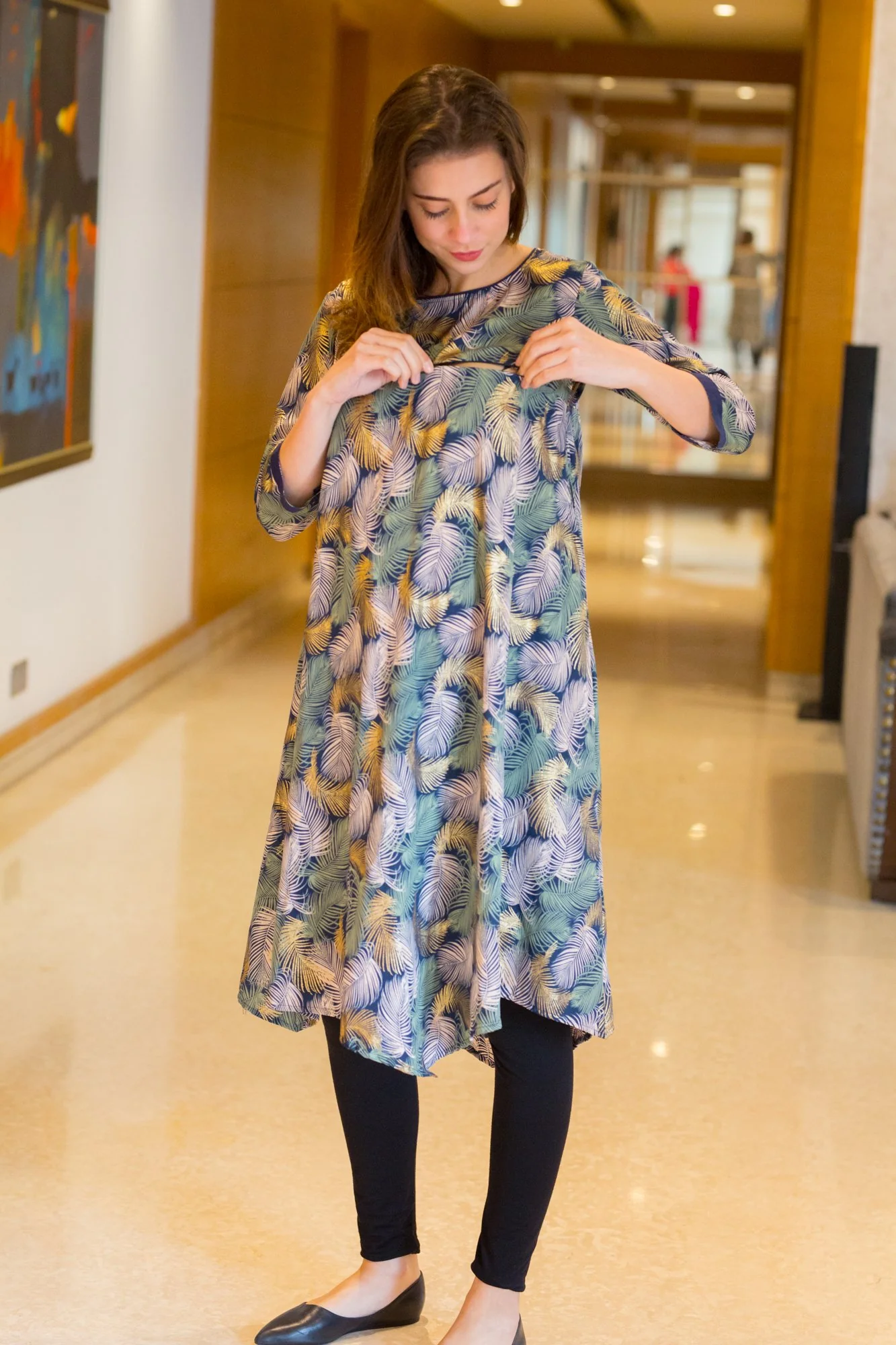 Embellished Leafy Maternity & Nursing Horizontal Zip Dress - Chenance