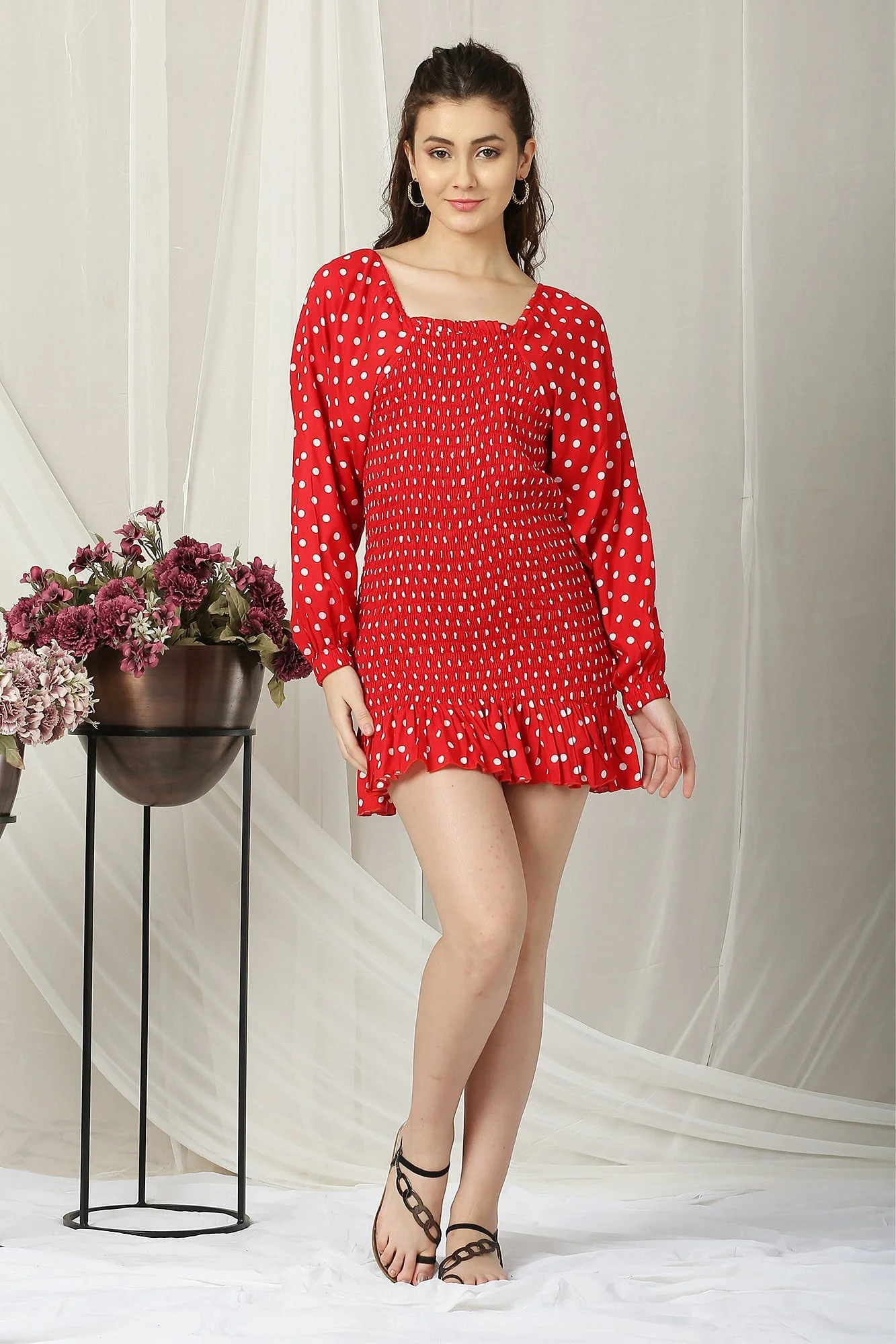 Women Sizzling Polka Red Smocking Dress - Chenance