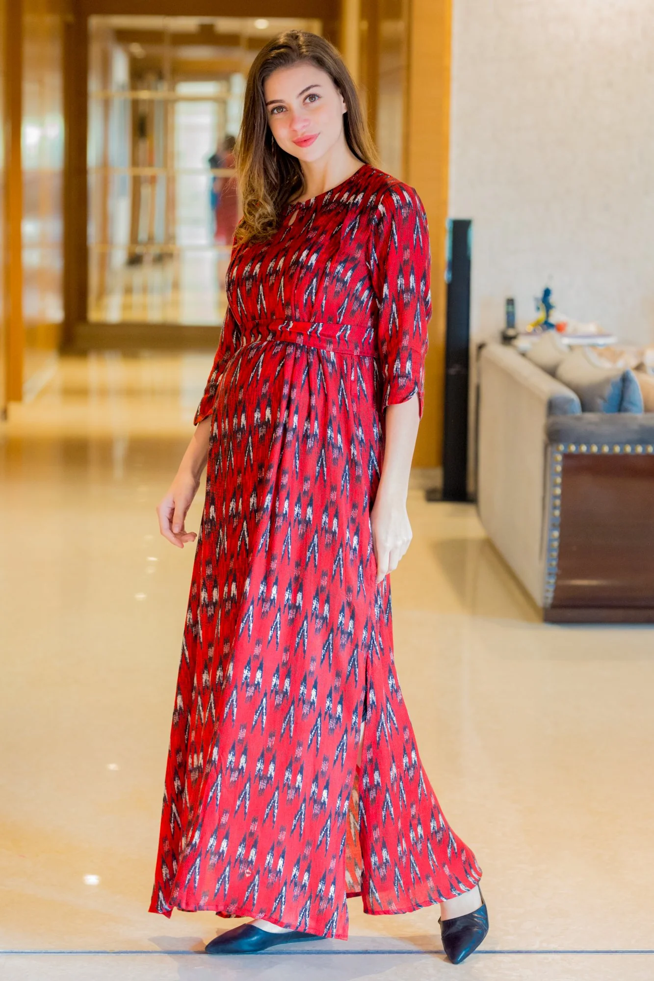 Crimson Aztec Side Slits Maternity & Nursing Dress - Chenance