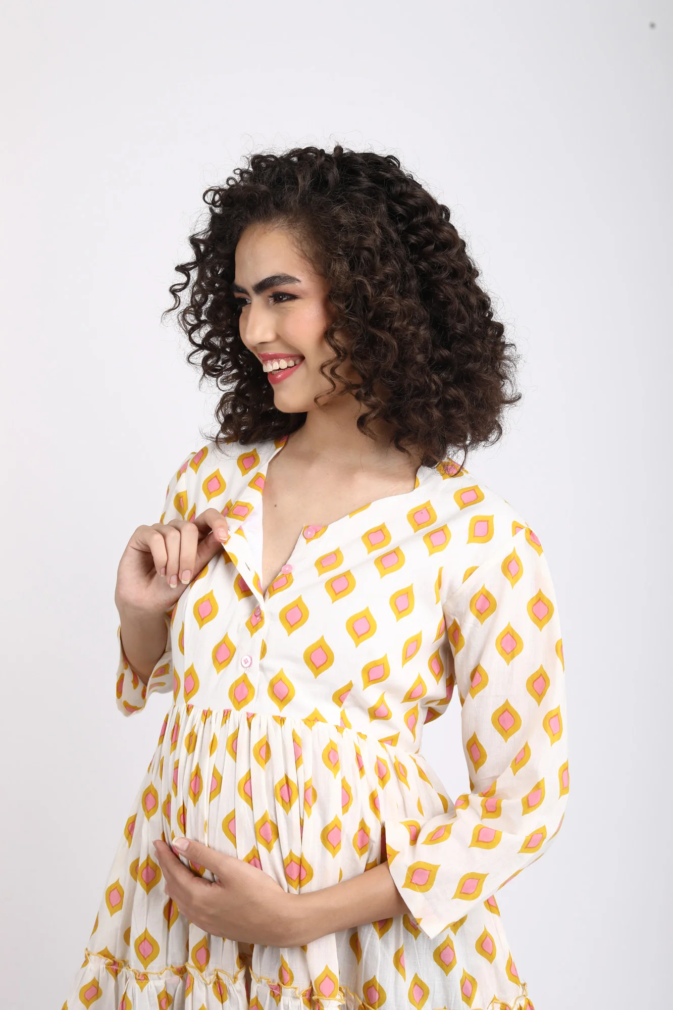 Pretty Cream Maternity & Nursing Layered Dress (100% Cotton) - Chenance