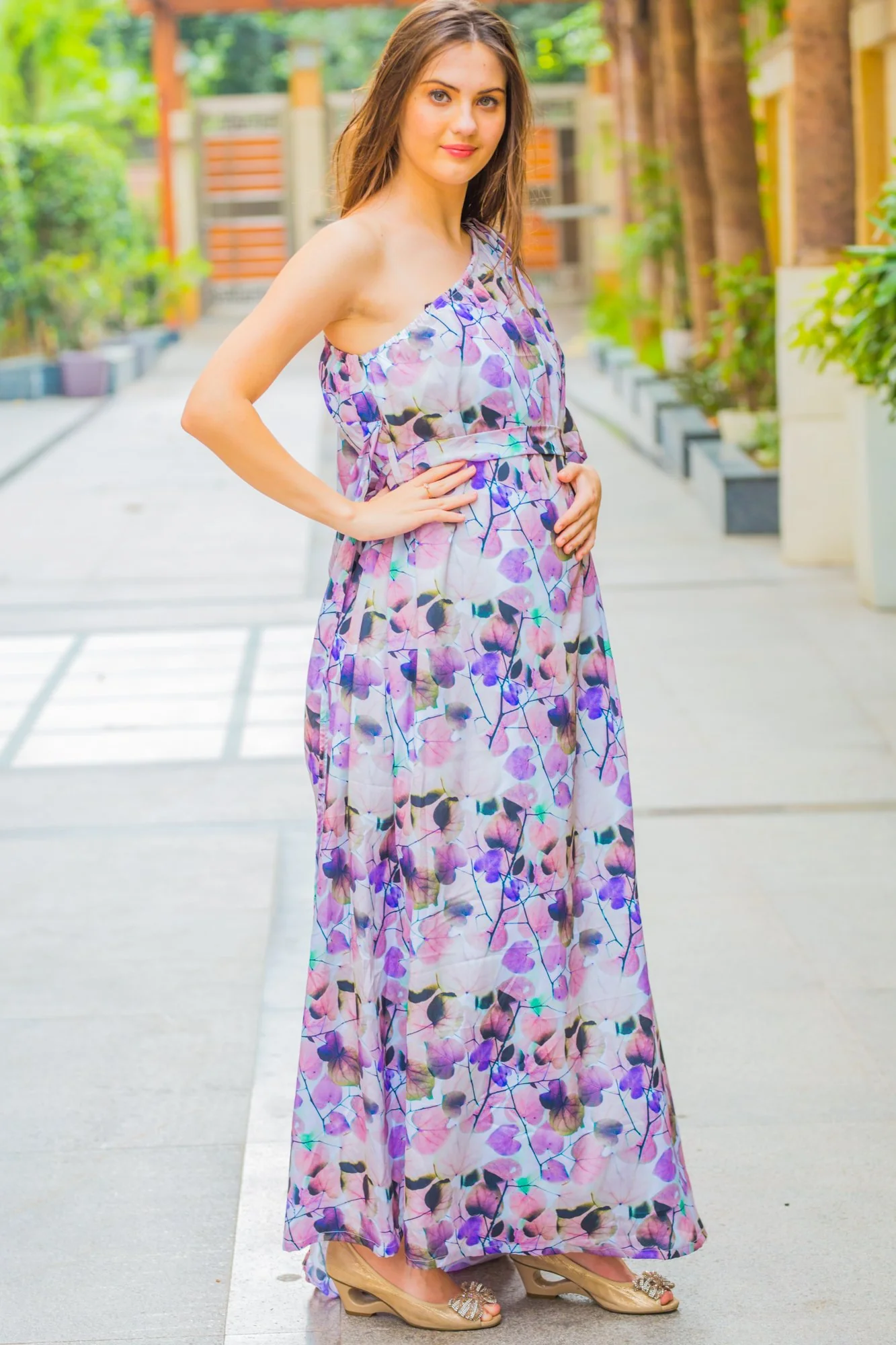 Luxe Ombre Pink One Shoulder Floral Maternity Gown - Chenance