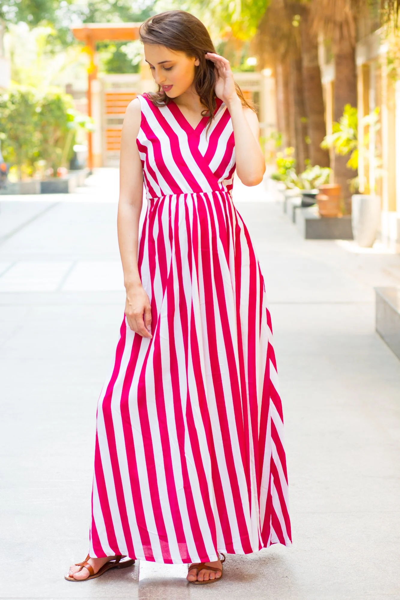 Chic Berry Striped Maternity and Nursing Maxi Dress - Chenance
