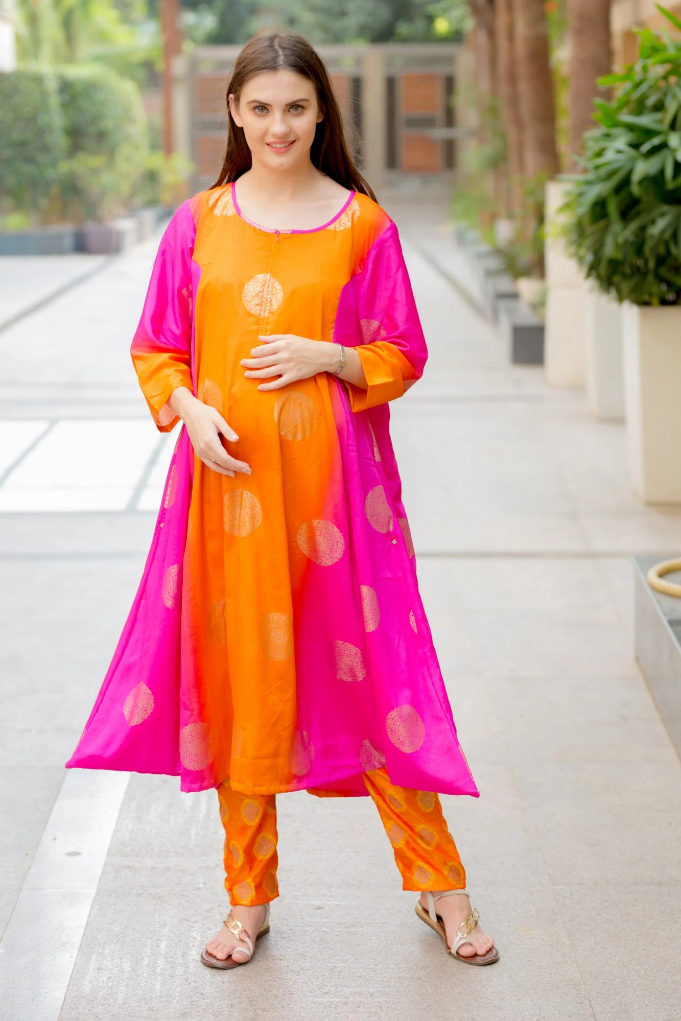Tangerine Shaded Cowl Dual Nursing Dress Kurta - Chenance