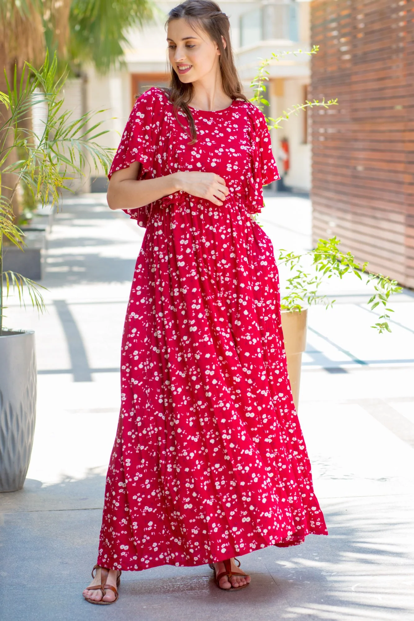Persian Berry Floral Maternity & Nursing Flap Dress - Chenance