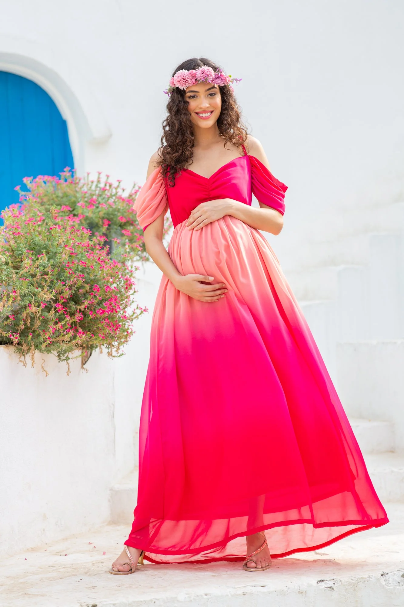 Luxe Graceful Flamingo Off-Shoulder Maternity Photoshoot Gown - Chenance