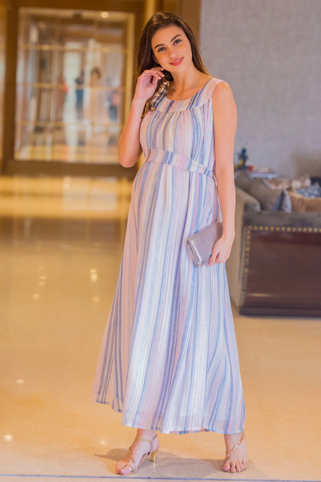 Striped Embellished Sleeveless Maternity Maxi Dress - Chenance