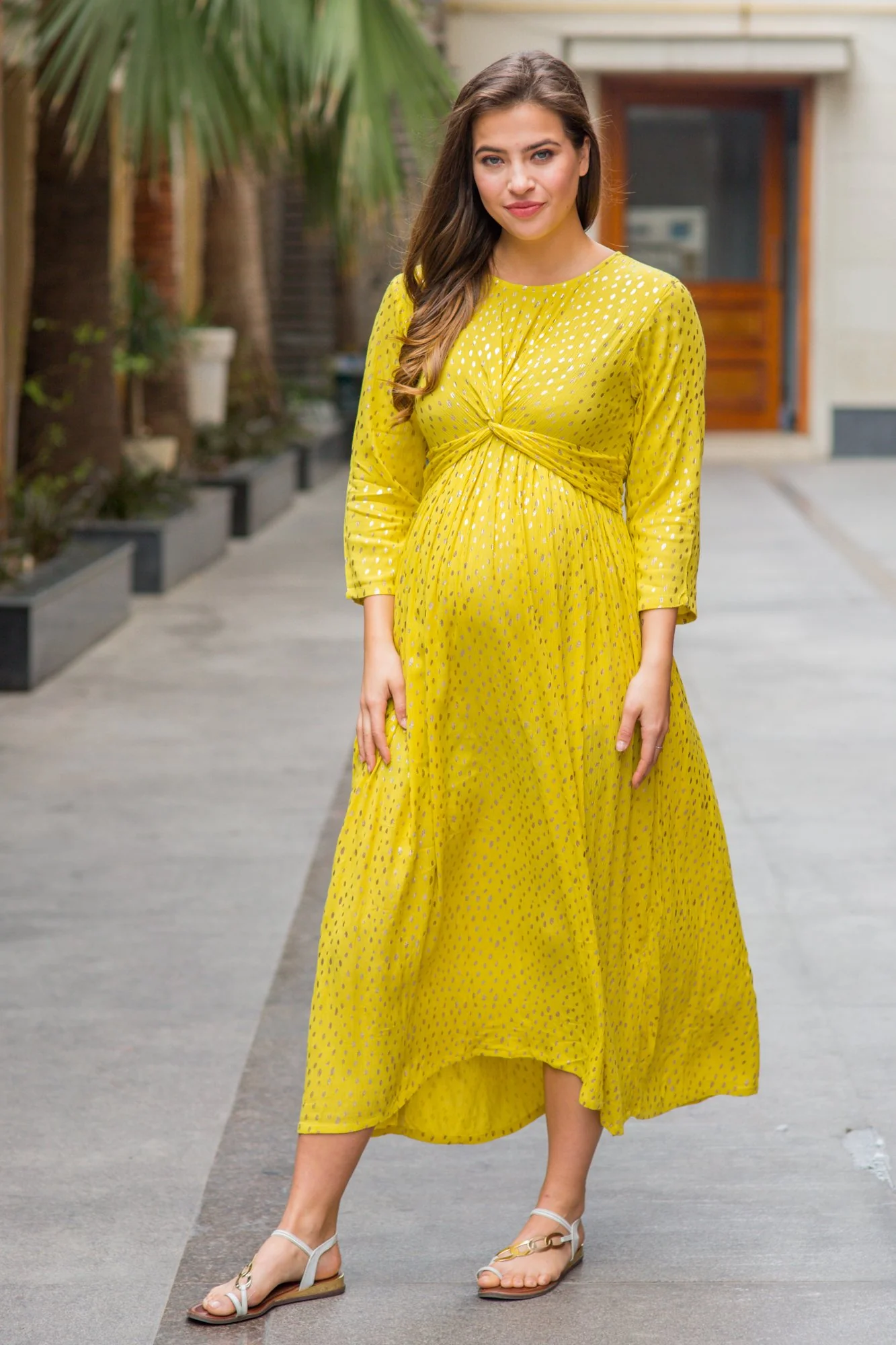 Cheery Gold Sprinkle Embellished Knot Maternity Midi Dress - Chenance